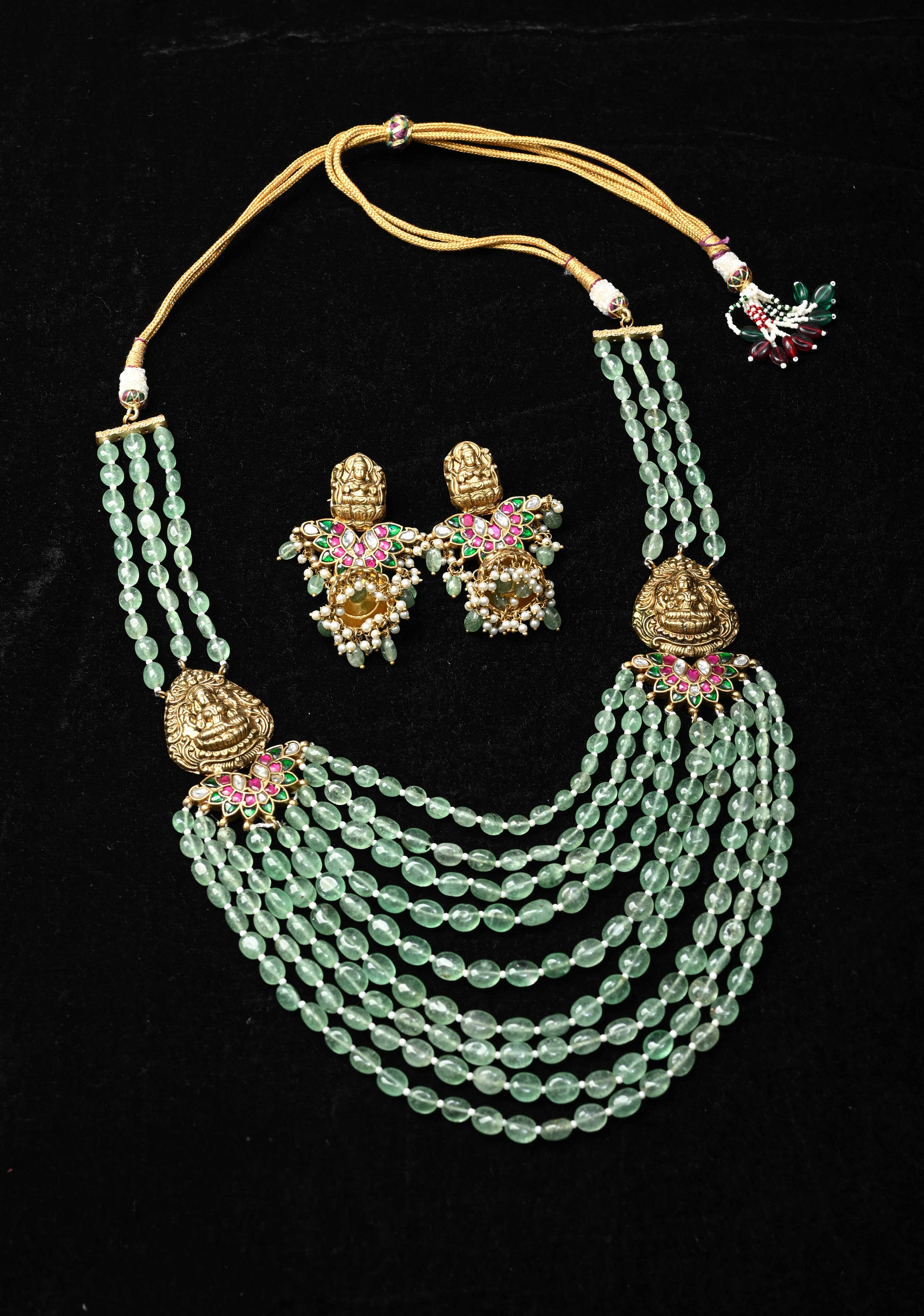 Elegant Sage Green Multistrand Beads Ahmedabadi Jadau Kundan Long Necklace Set with Lakshmi Units