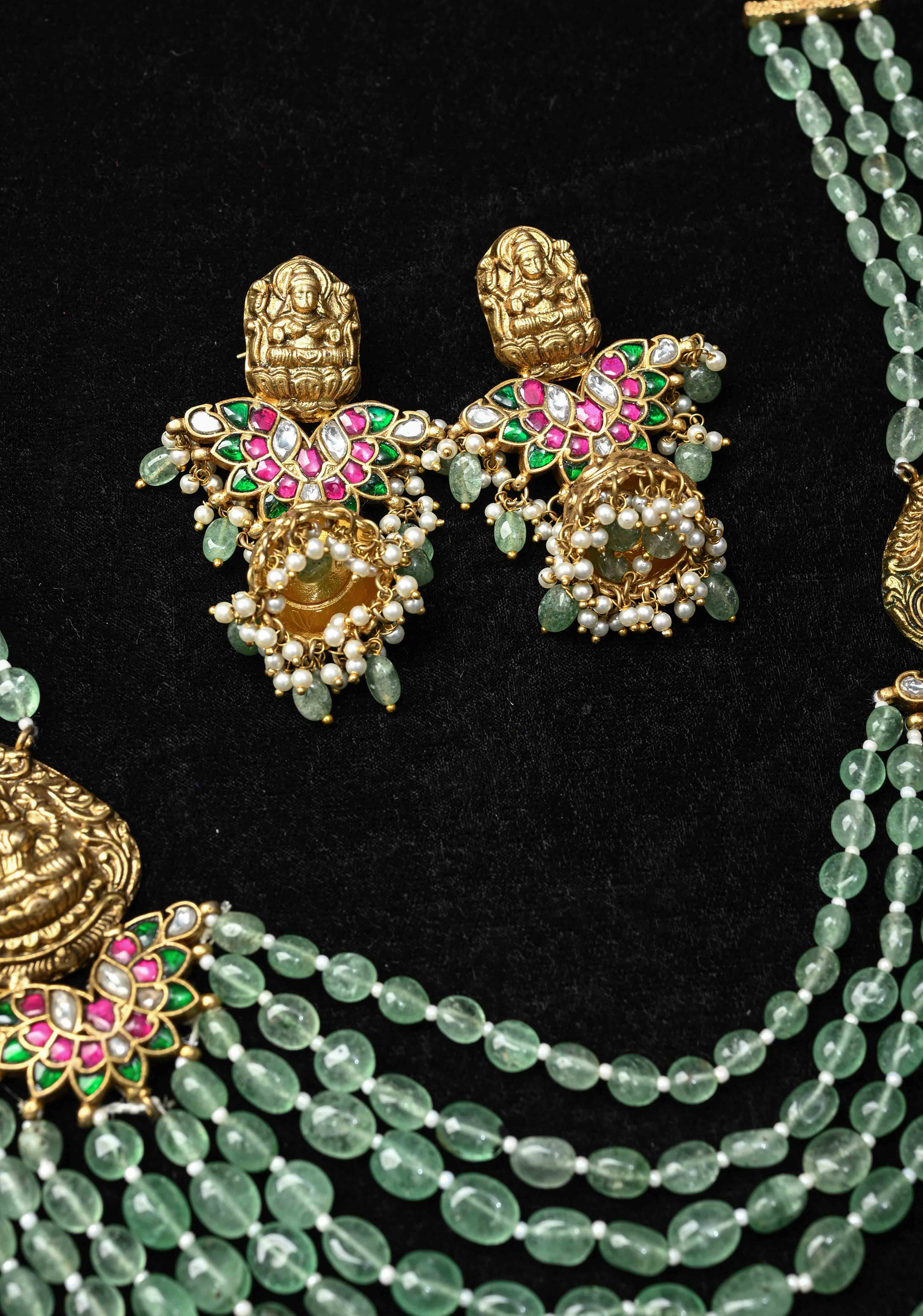 Elegant Sage Green Multistrand Beads Ahmedabadi Jadau Kundan Long Necklace Set with Lakshmi Units