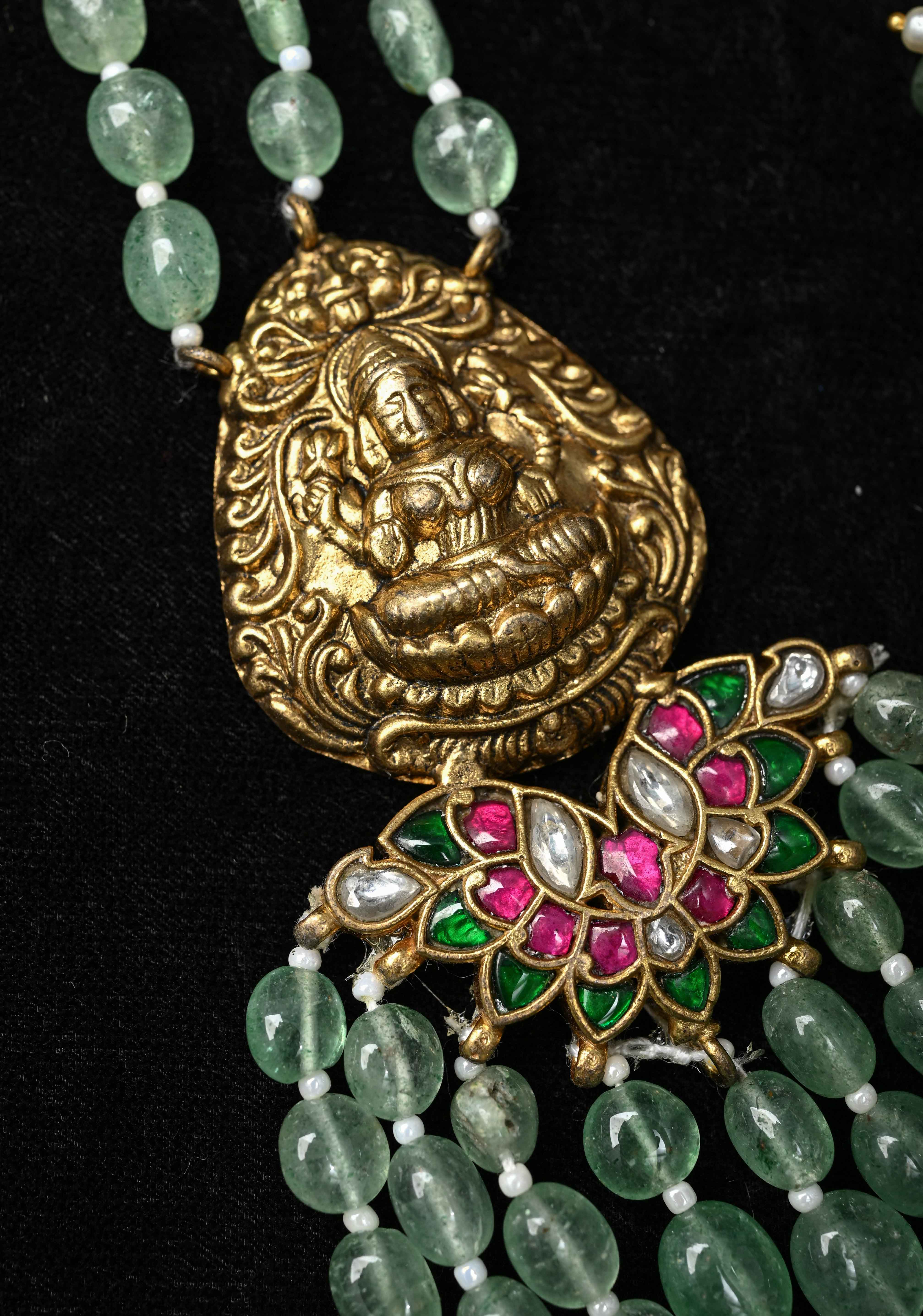 Elegant Sage Green Multistrand Beads Ahmedabadi Jadau Kundan Long Necklace Set with Lakshmi Units