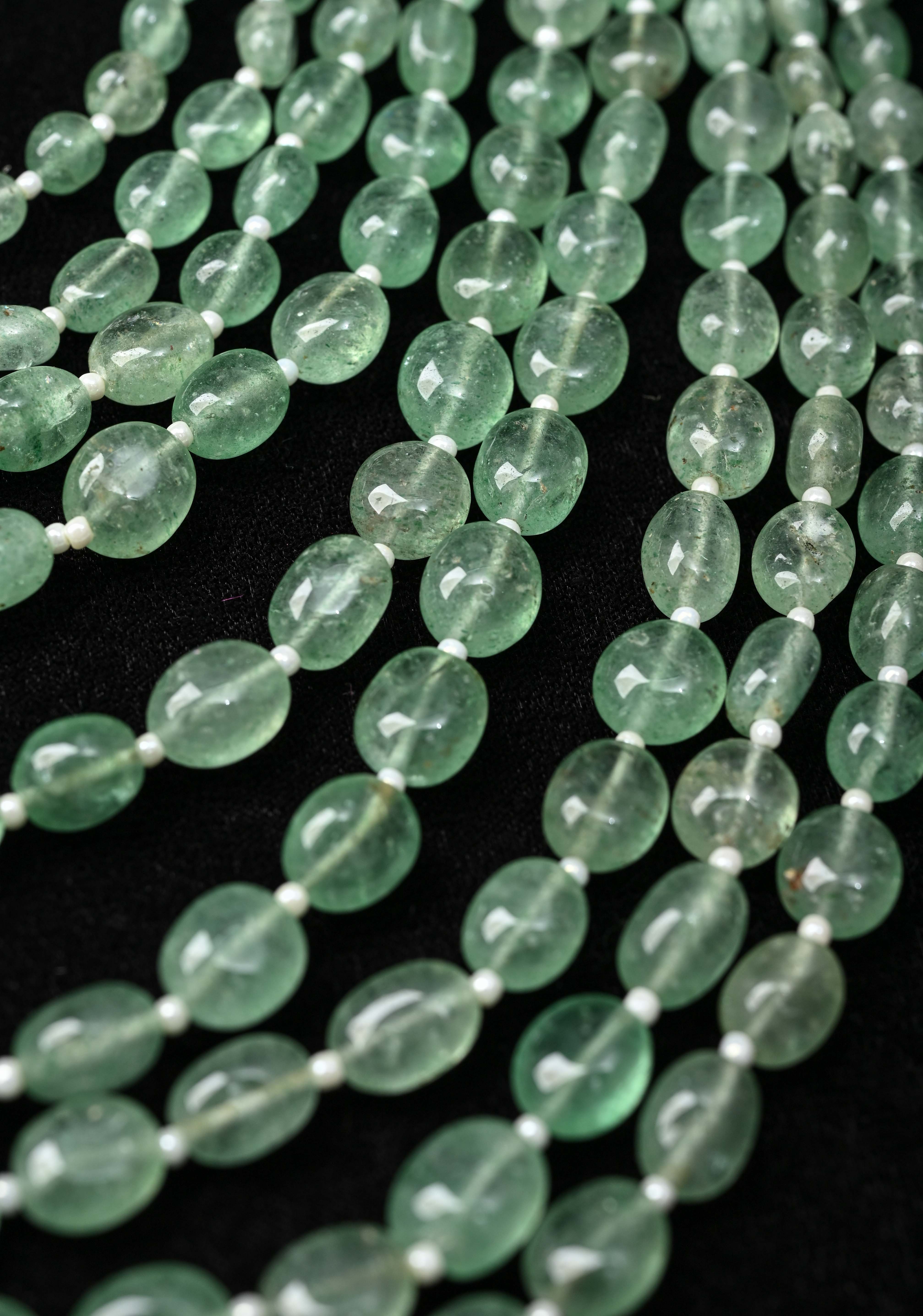 Elegant Sage Green Multistrand Beads Ahmedabadi Jadau Kundan Long Necklace Set with Lakshmi Units