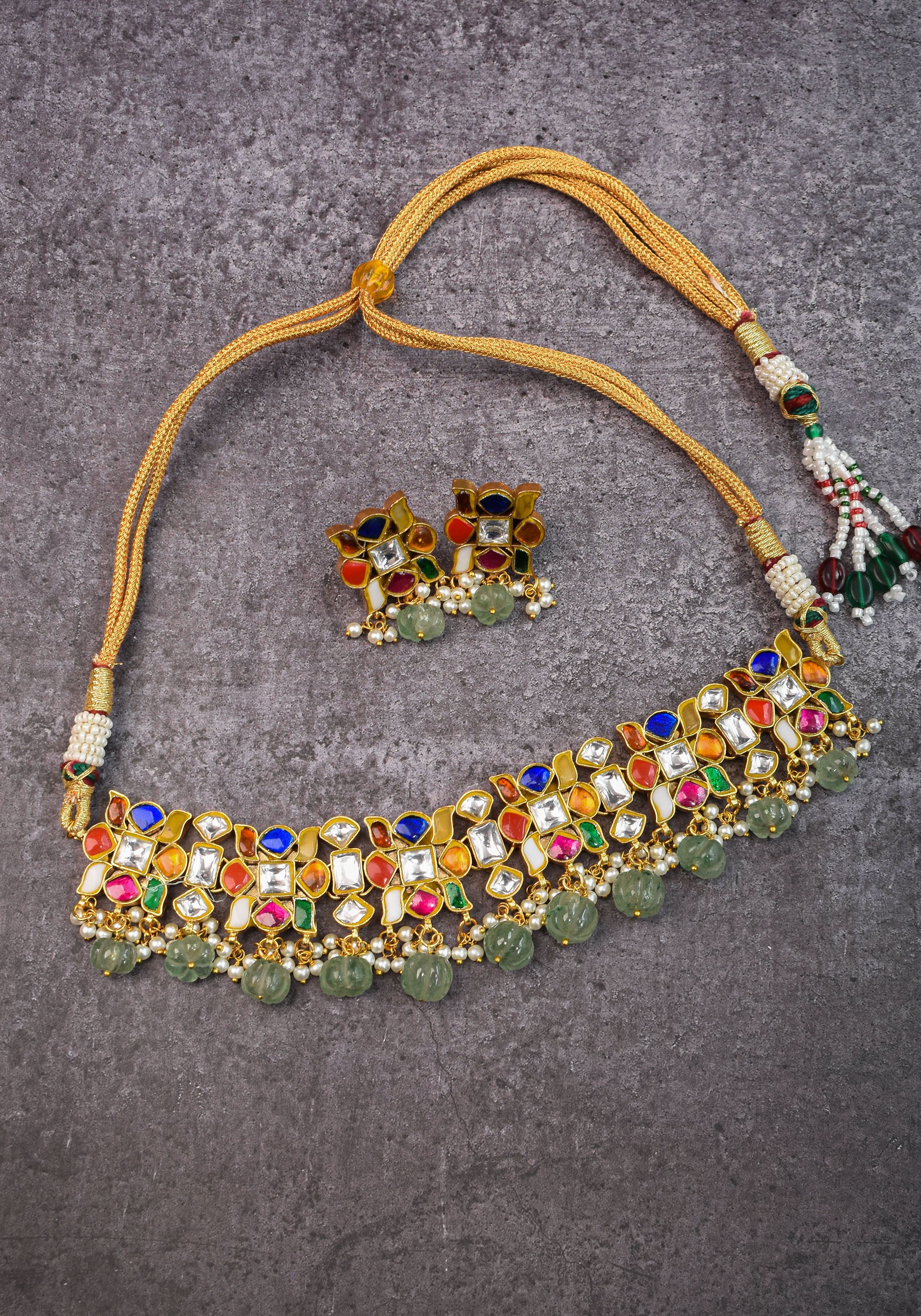 Navratna design Stone Choker Set with Green dangling sage Beads | Shobitam Jewellery