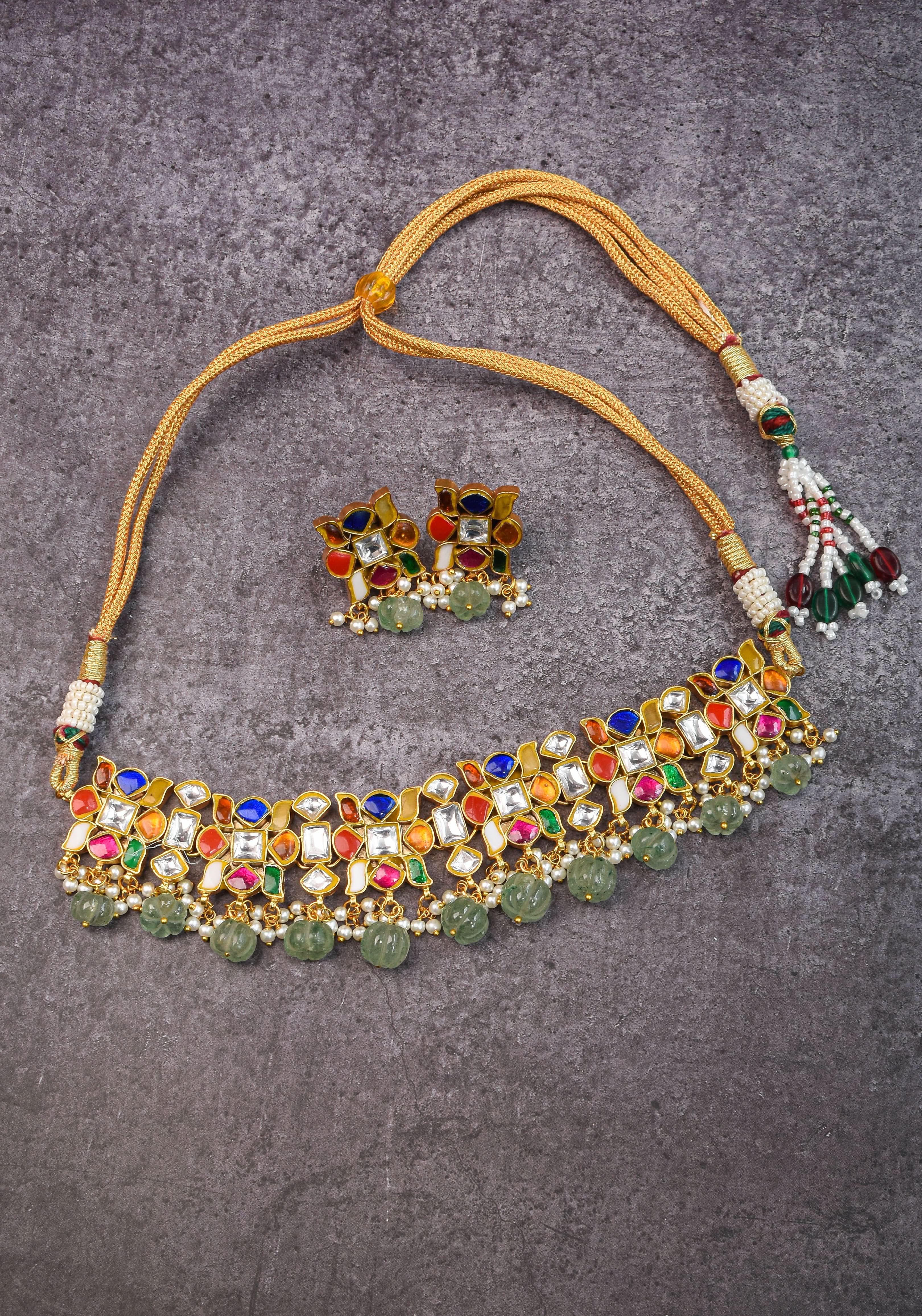 Navratna design Stone Choker Set with Green dangling sage Beads | Shobitam Jewellery