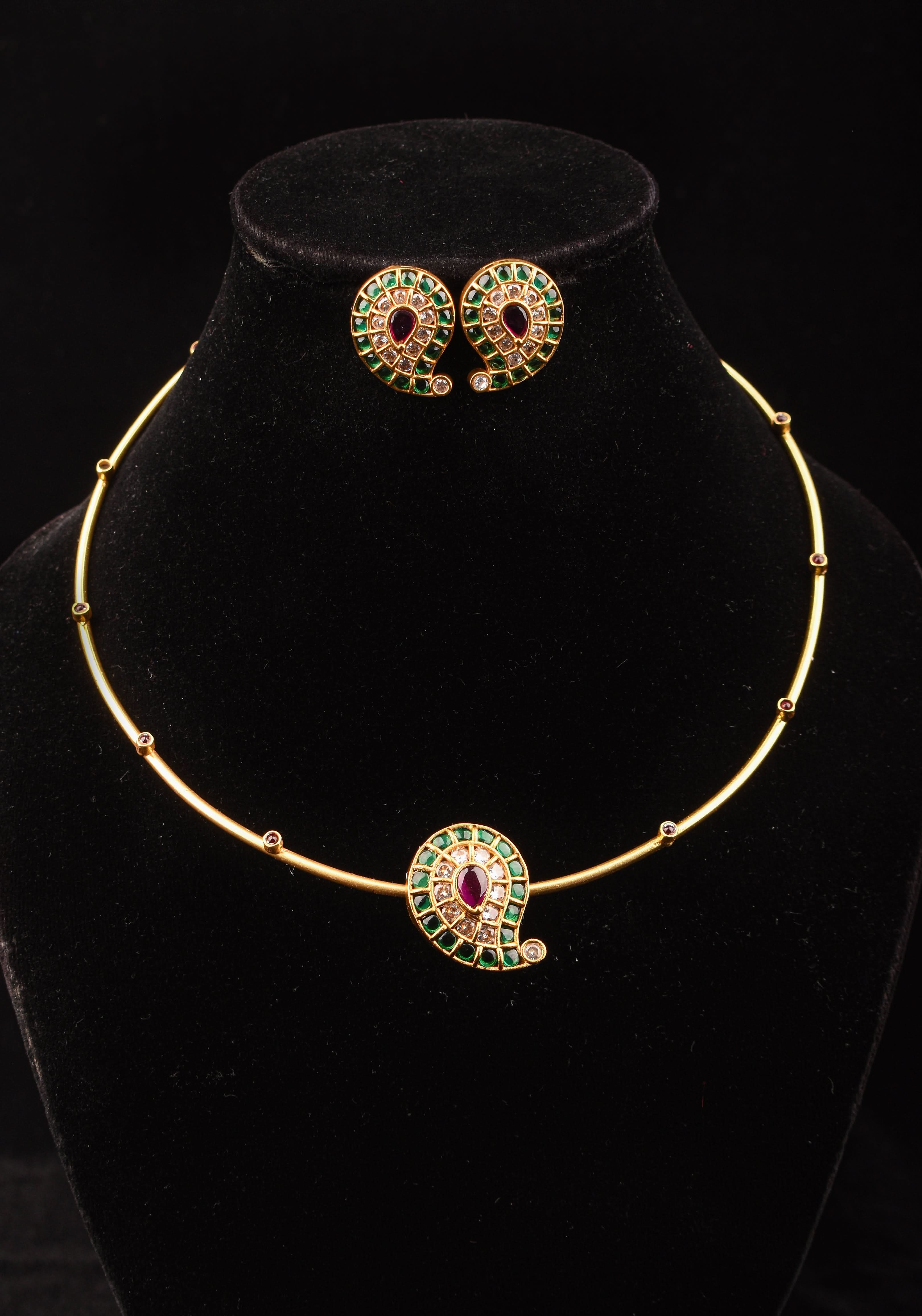 Green Mango Jadau Pendant on Pink stone Wire base Necklace set with pearls dangling beads | Shobitam Jewelry