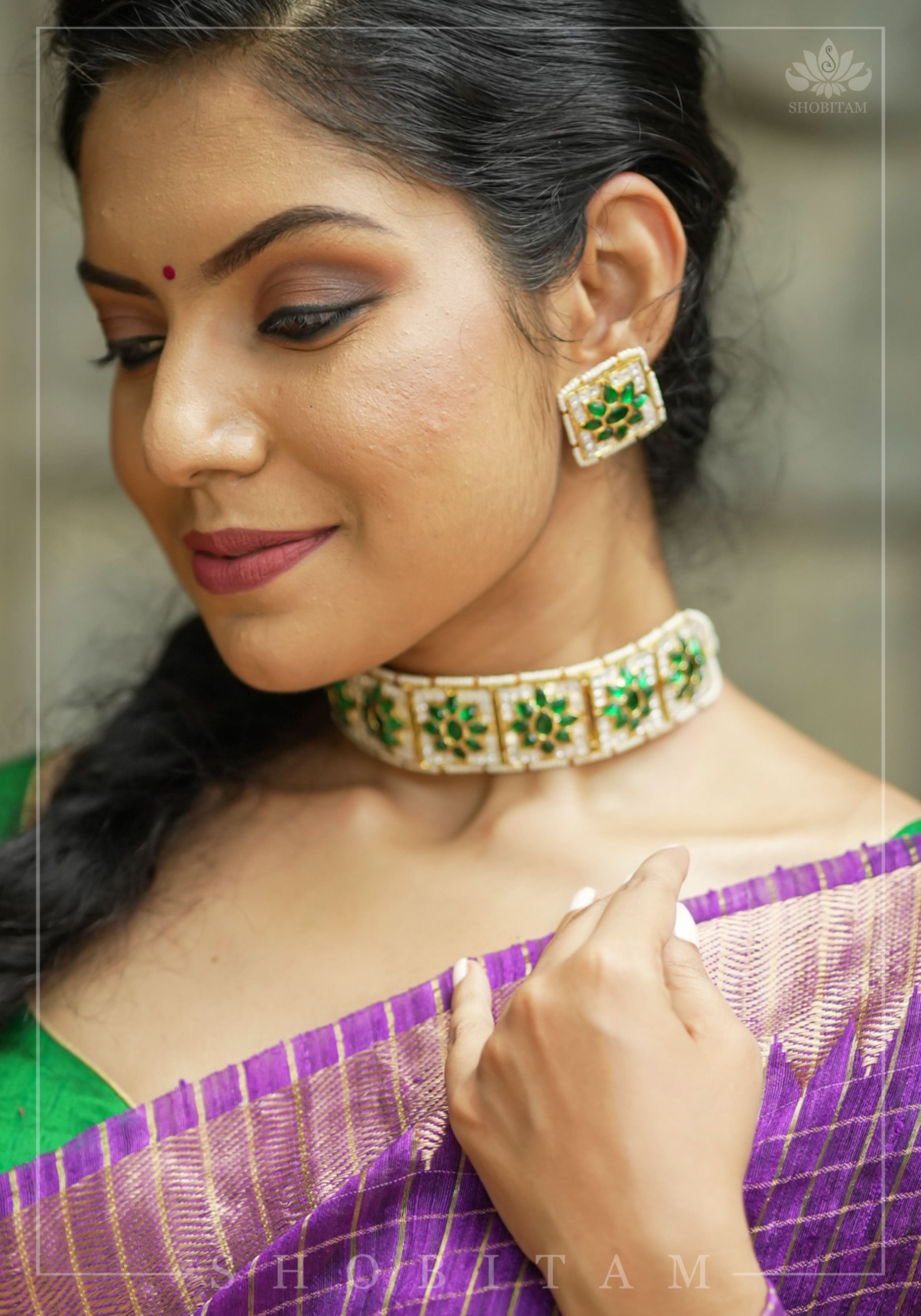 Ahmedabadi Jadau Choker Set in White & Green Stones | Shobitam Jewelry