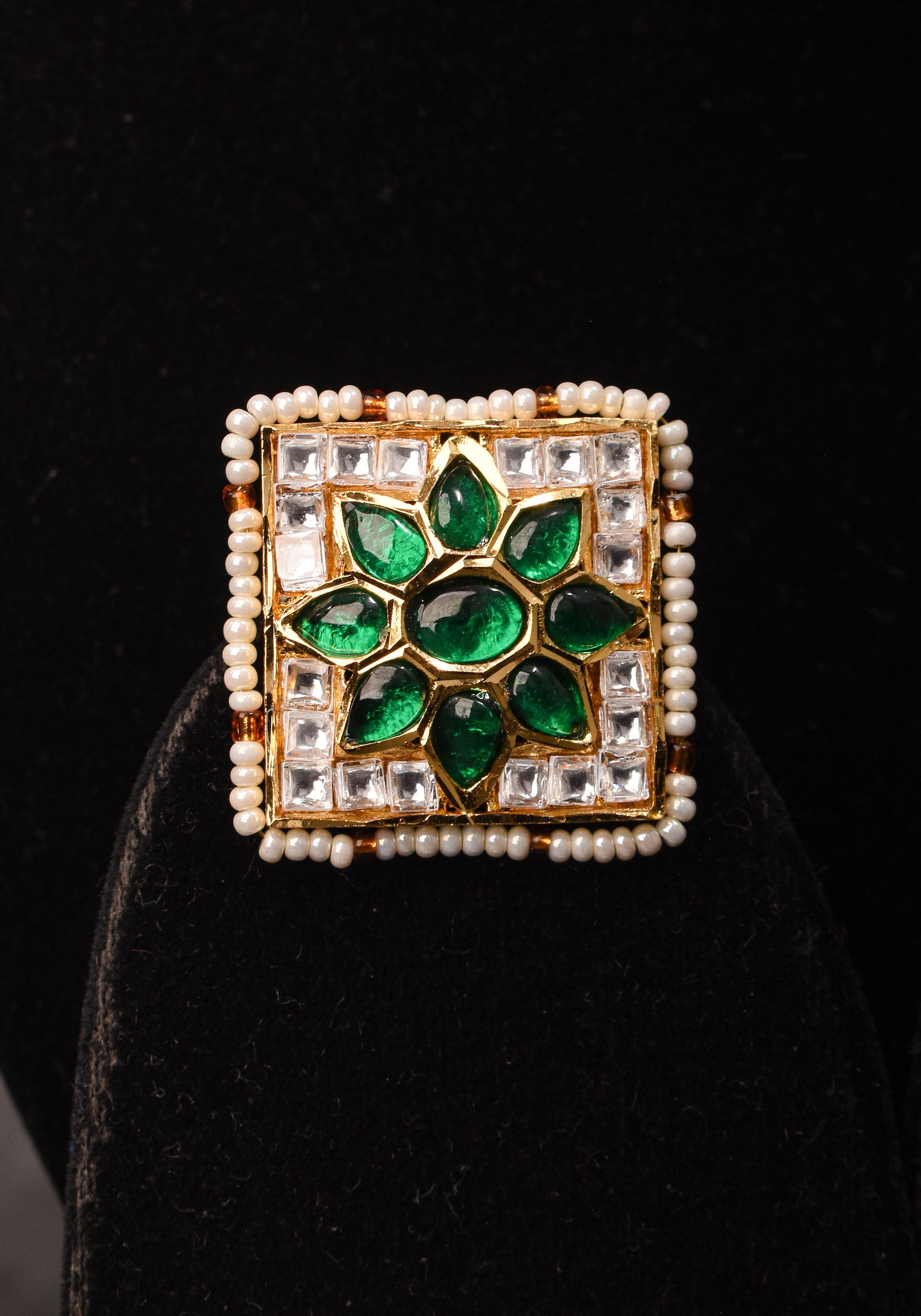 Ahmedabadi Jadau Choker Set in White & Green Stones | Shobitam Jewelry