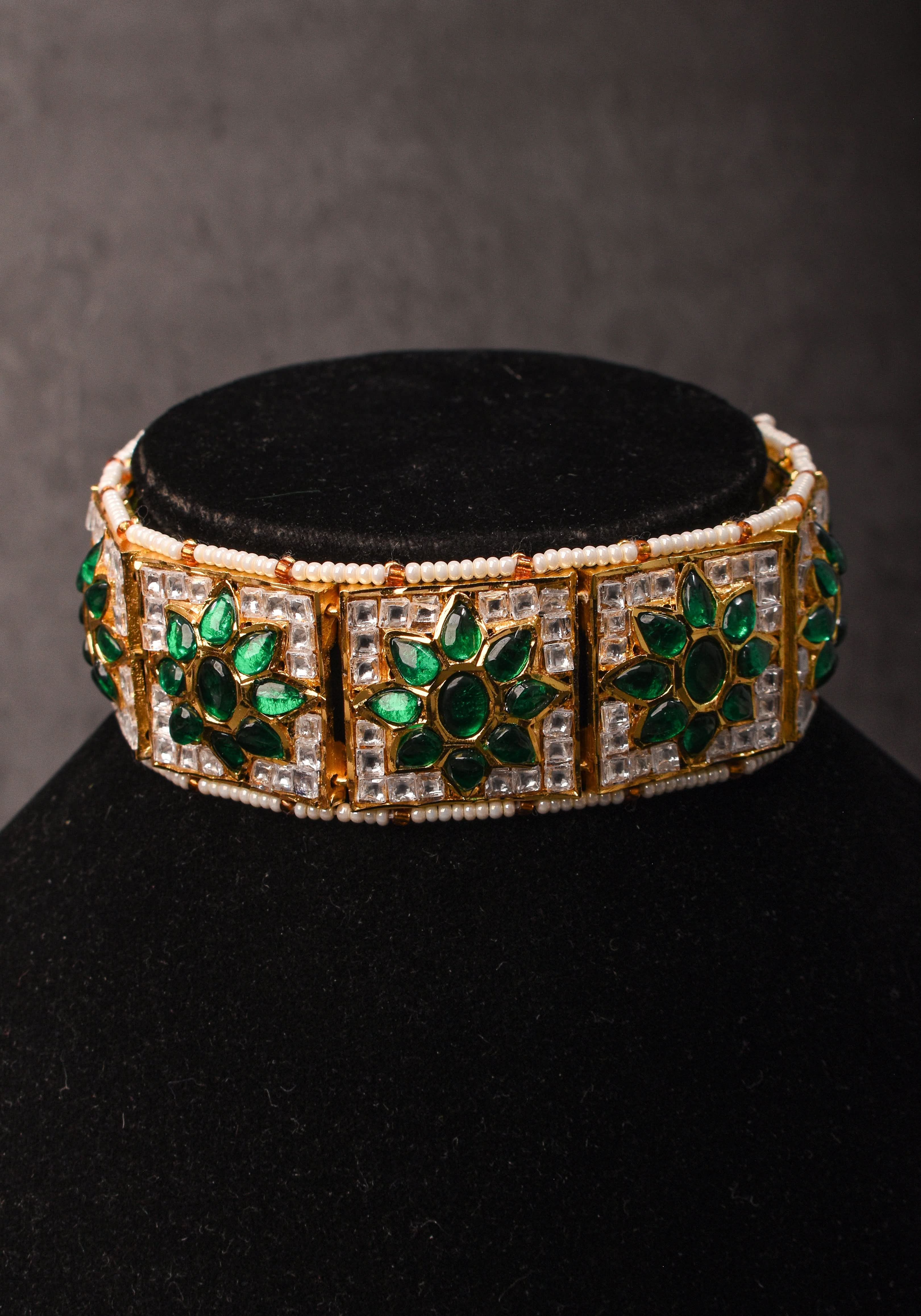 Ahmedabadi Jadau Choker Set in White & Green Stones | Shobitam Jewelry