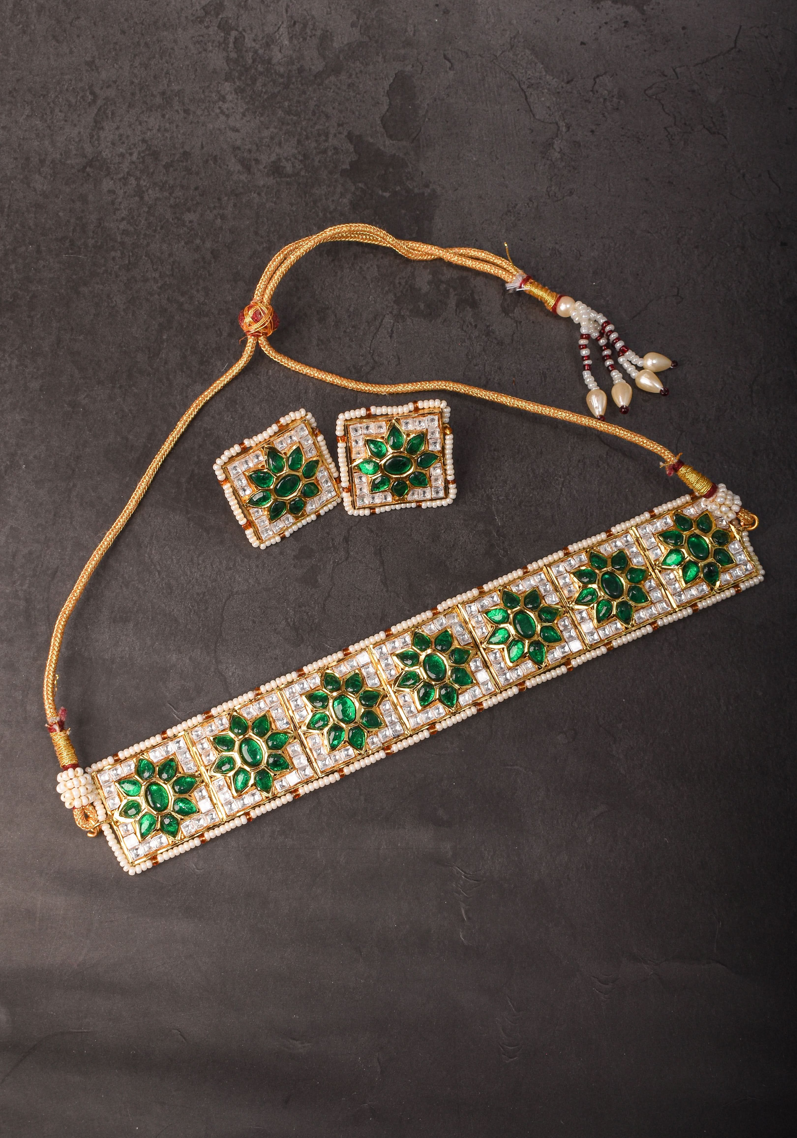 Ahmedabadi Jadau Choker Set in White & Green Stones | Shobitam Jewelry