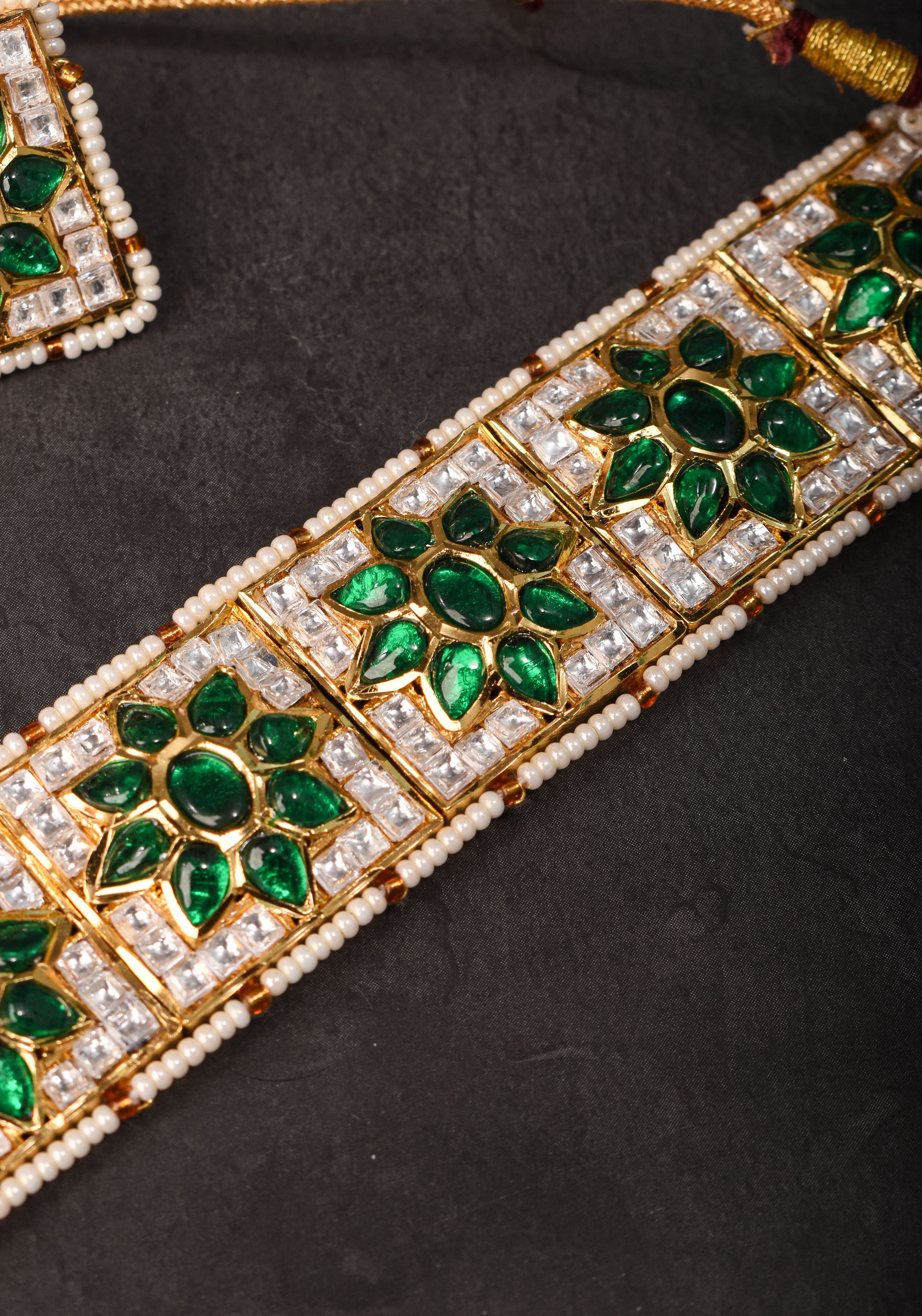 Ahmedabadi Jadau Choker Set in White & Green Stones | Shobitam Jewelry