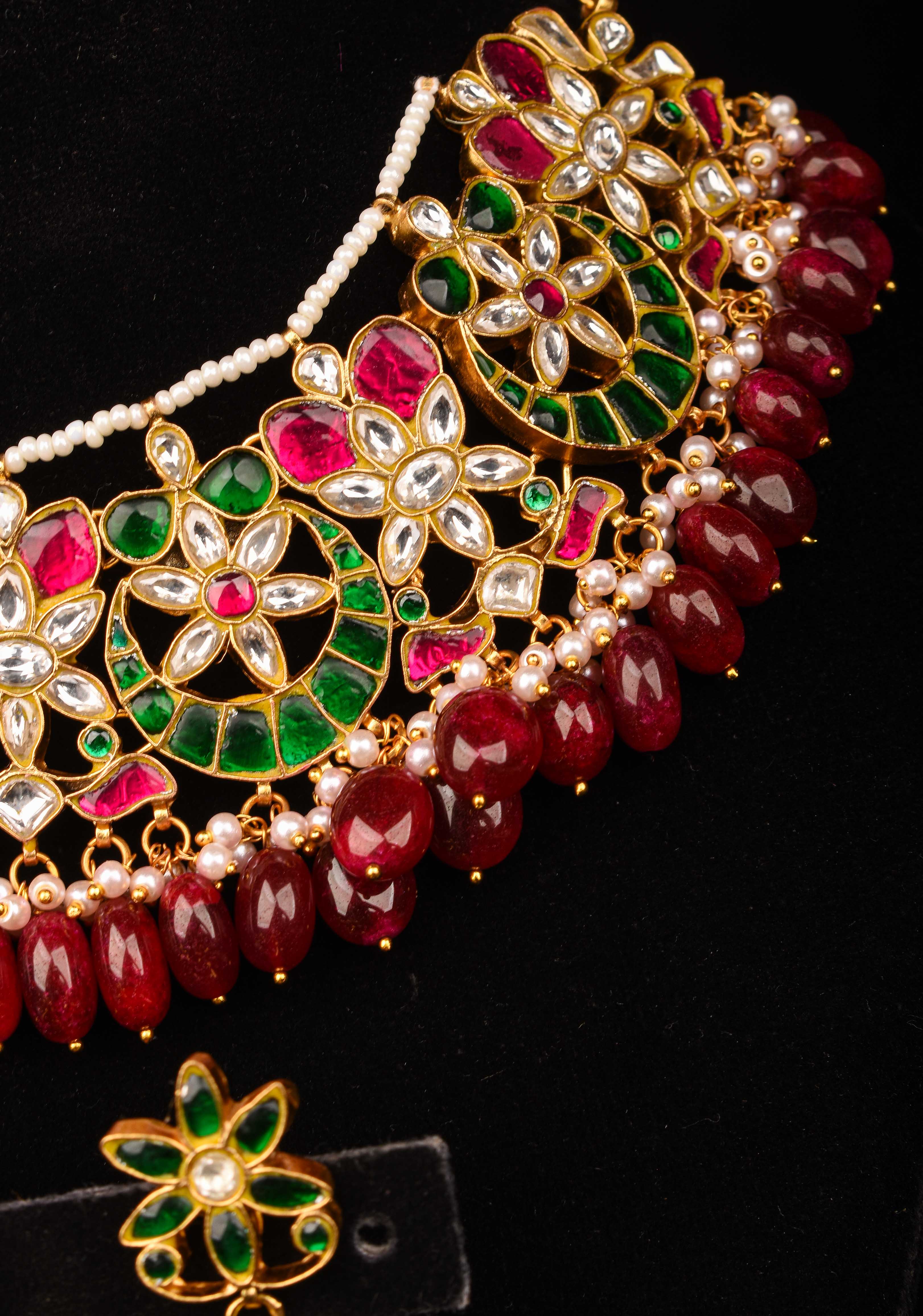 Celestial Ahmedabadi Jadau Necklace and Earrings Set with maroon dangling stones. | SHOBITAM