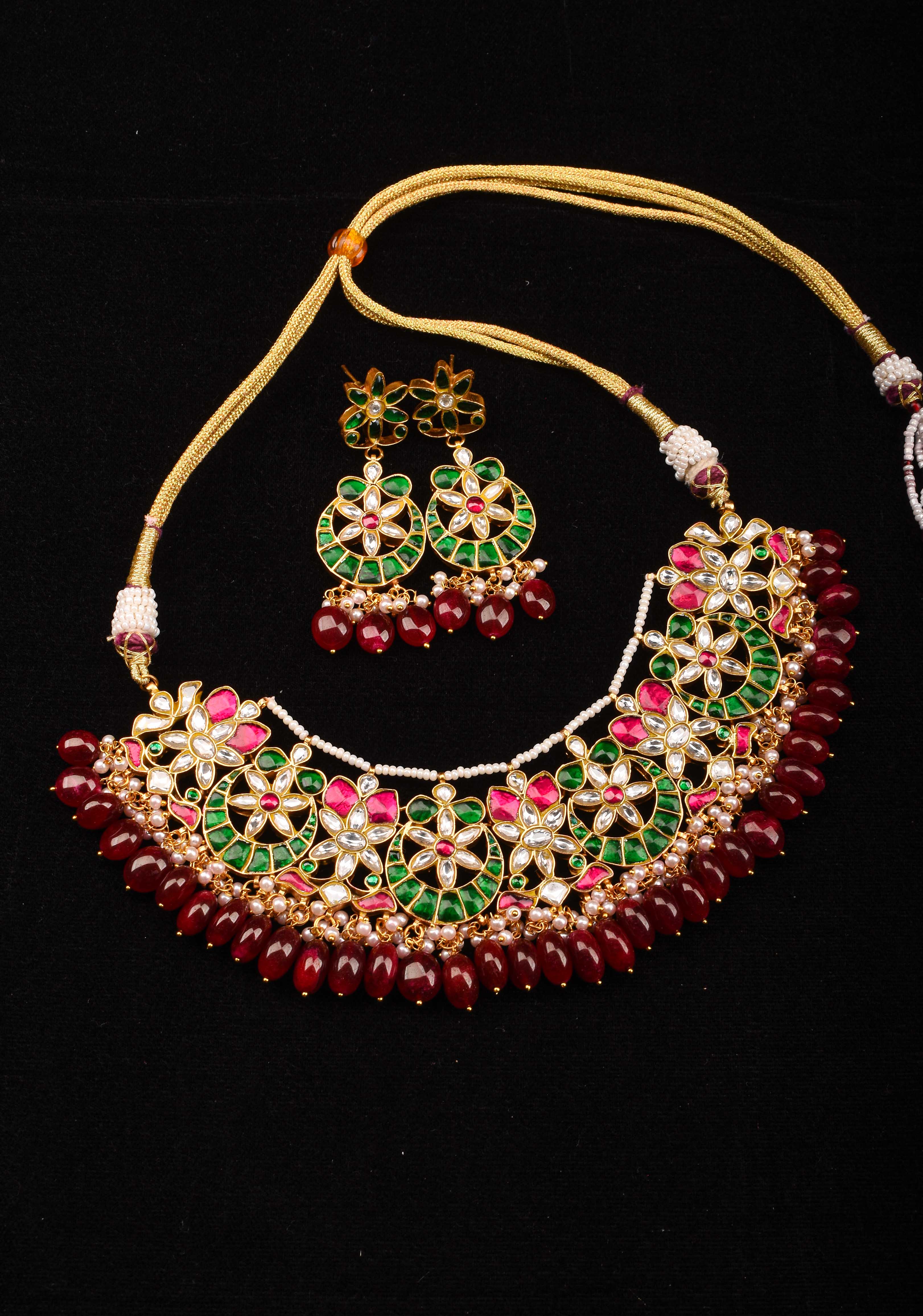 Celestial Ahmedabadi Jadau Necklace and Earrings Set with maroon dangling stones. | SHOBITAM