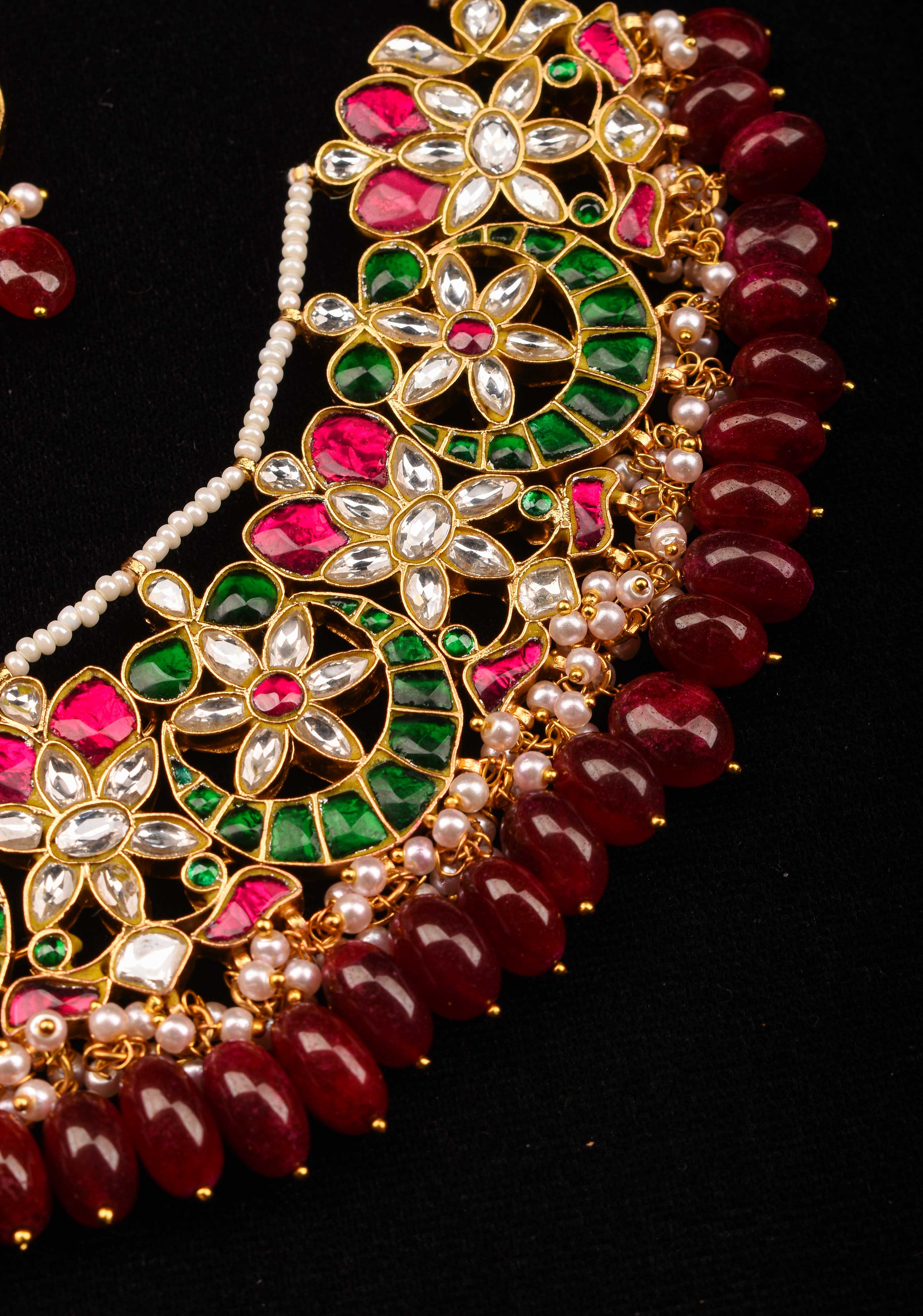 Celestial Ahmedabadi Jadau Necklace and Earrings Set with maroon dangling stones. | SHOBITAM