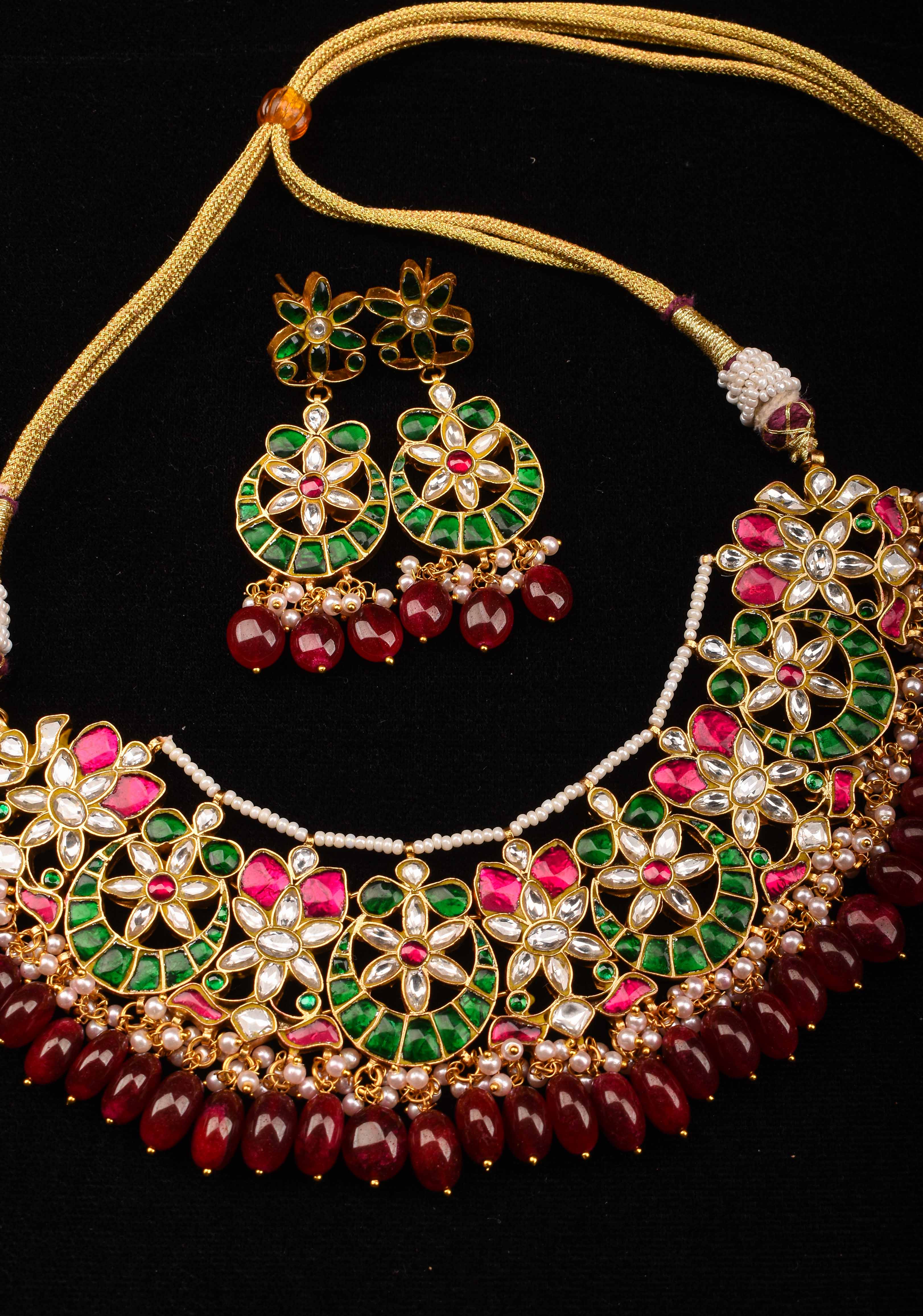 Celestial Ahmedabadi Jadau Necklace and Earrings Set with maroon dangling stones. | SHOBITAM