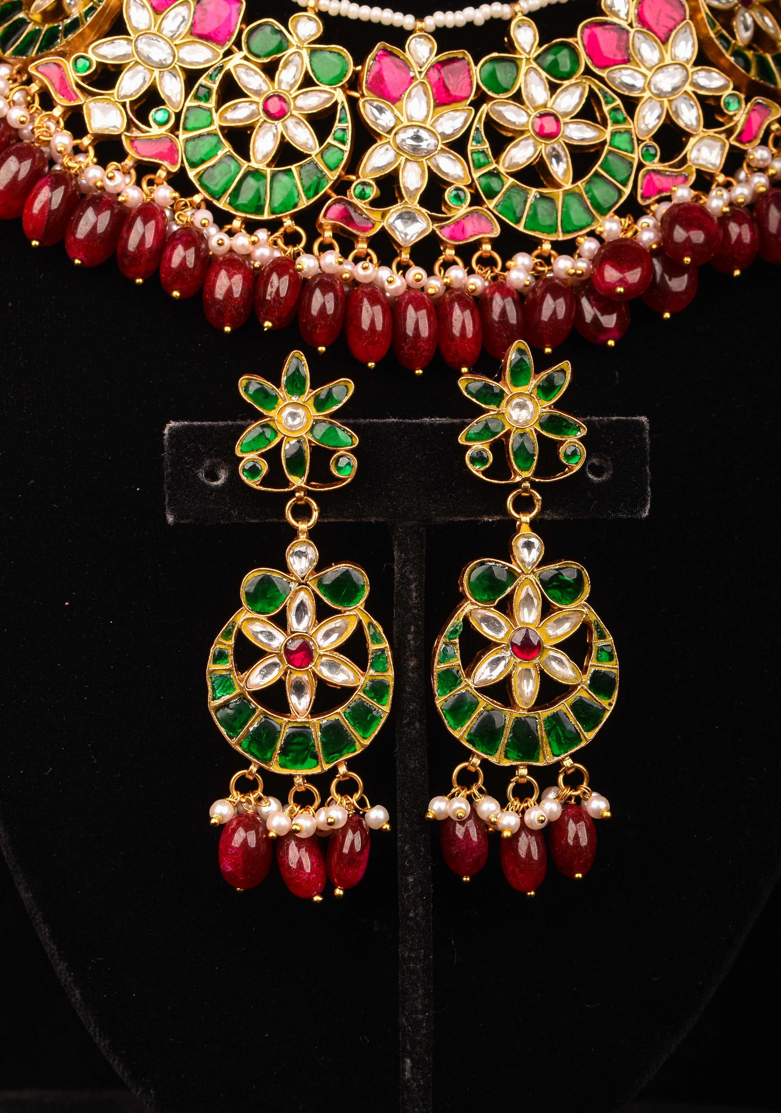 Celestial Ahmedabadi Jadau Necklace and Earrings Set with maroon dangling stones. | SHOBITAM