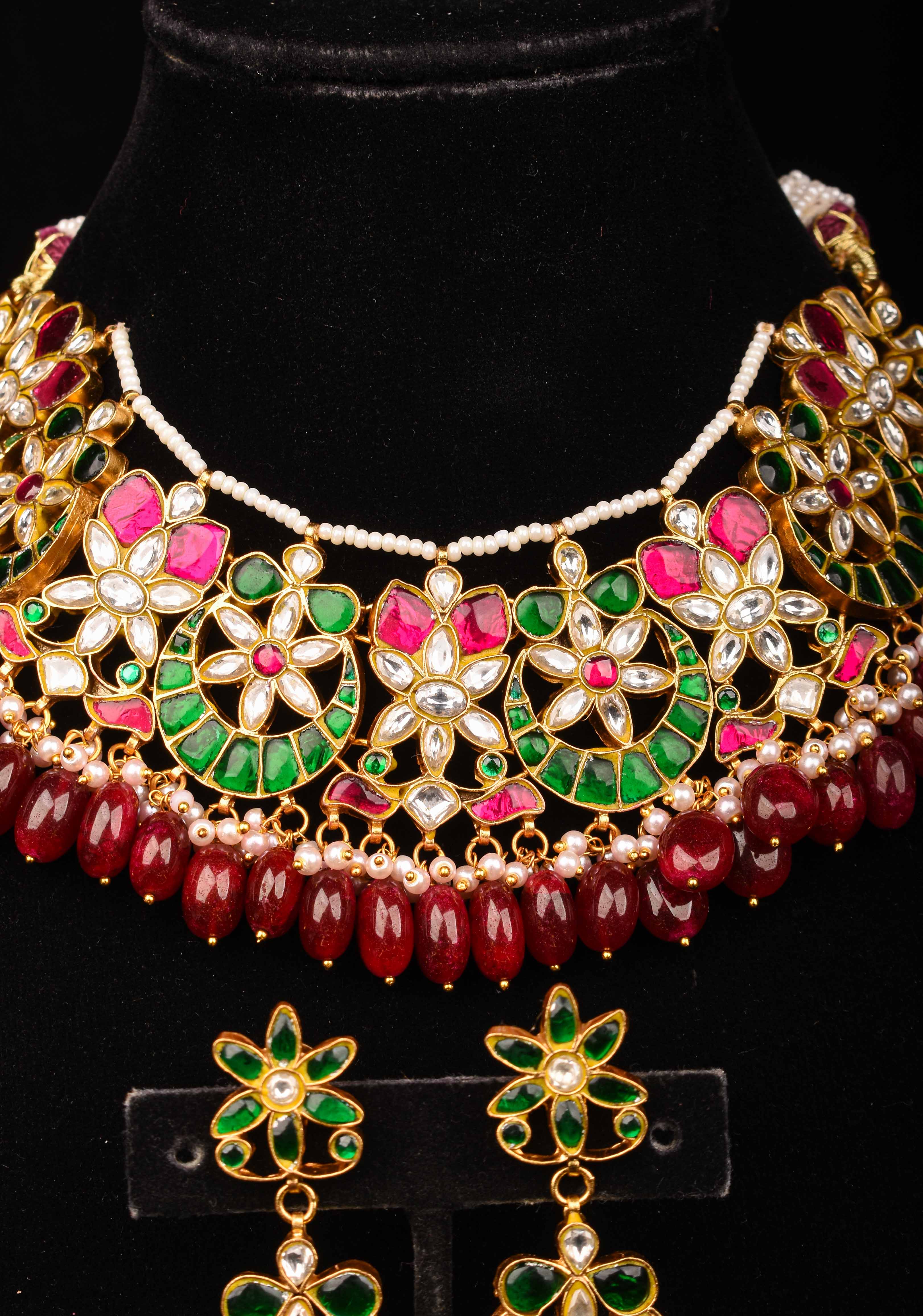 Celestial Ahmedabadi Jadau Necklace and Earrings Set with maroon dangling stones. | SHOBITAM