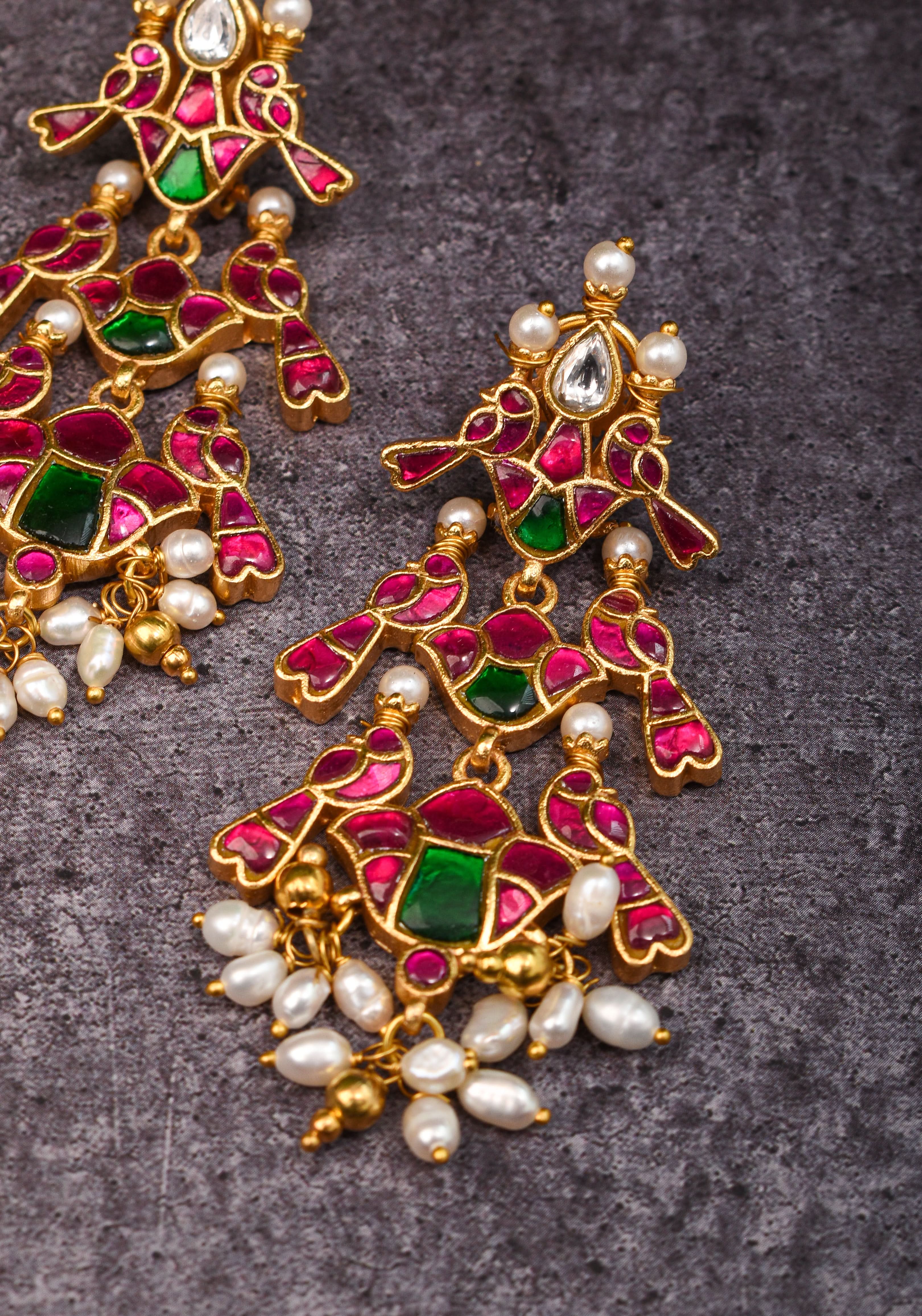 2.75" Layered Pink & Green Stone Peacock Earrings with Dangling White Beads | Shobitam Jewelry