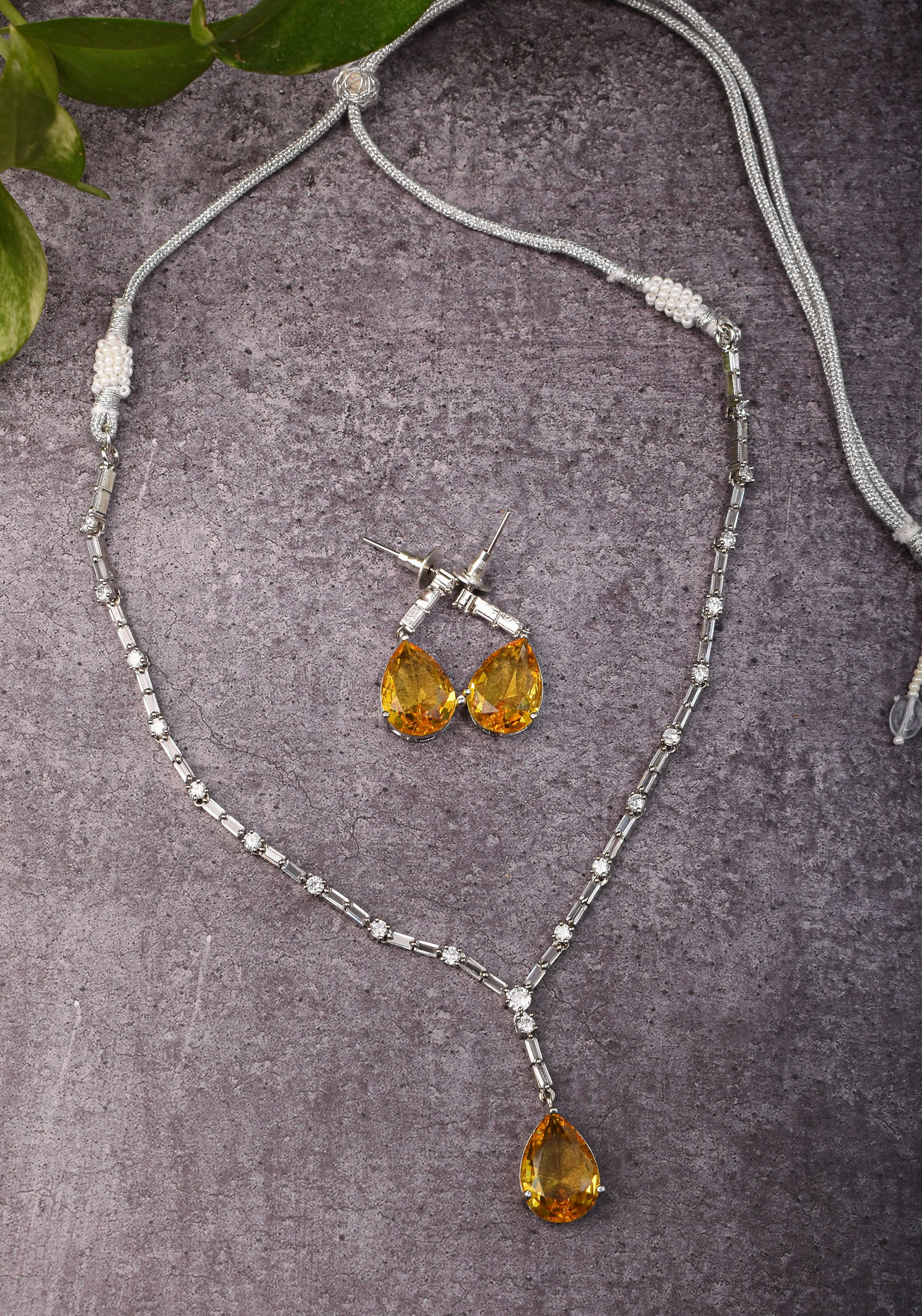 Celebrity-Inspired Yellow CZ Stone Drop Necklace and Earring | Shobitam Jewelry