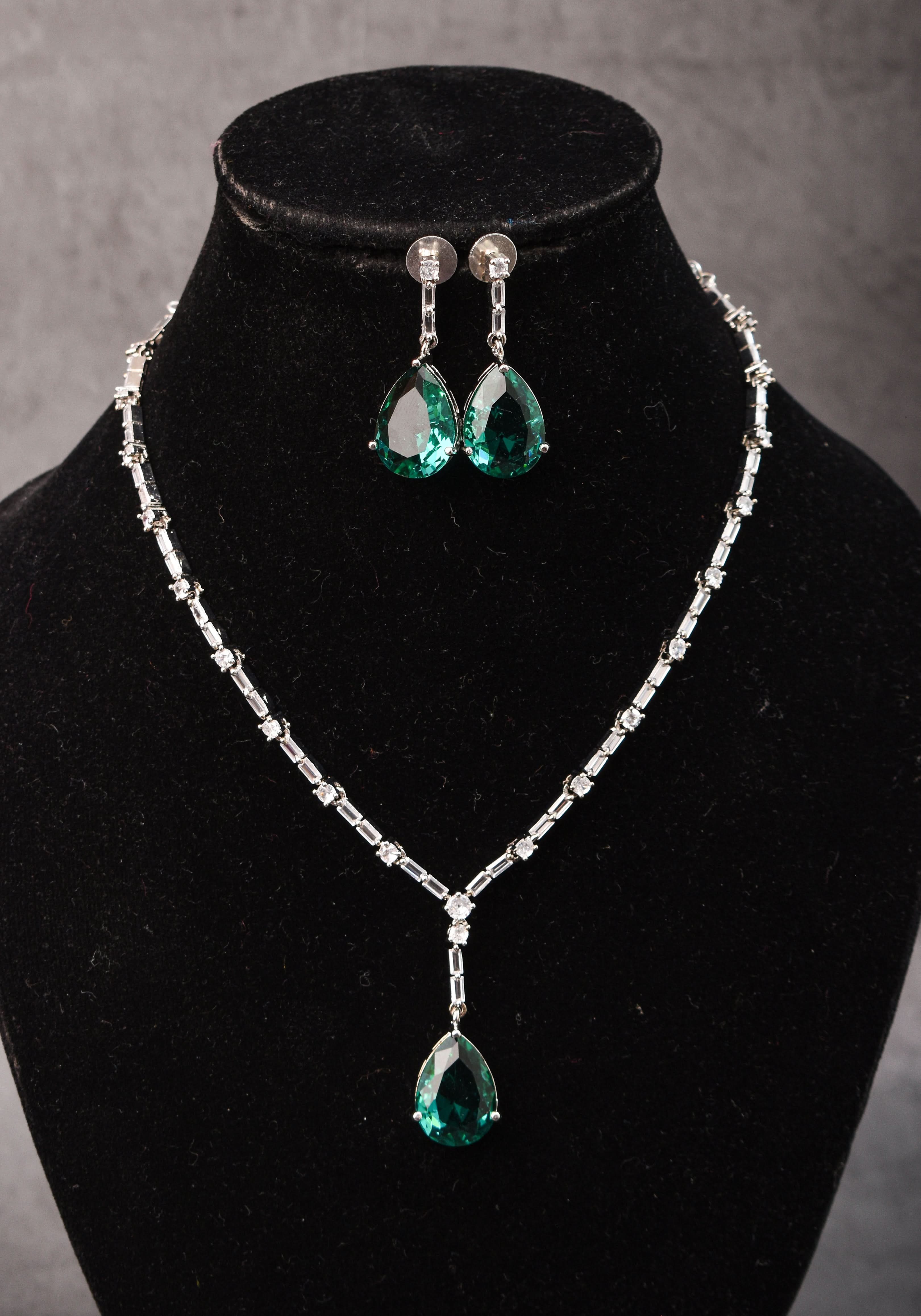 Celebrity-Inspired Emerald green Emerald green CZ Stone Drop Necklace and Earring | Shobitam Jewelry