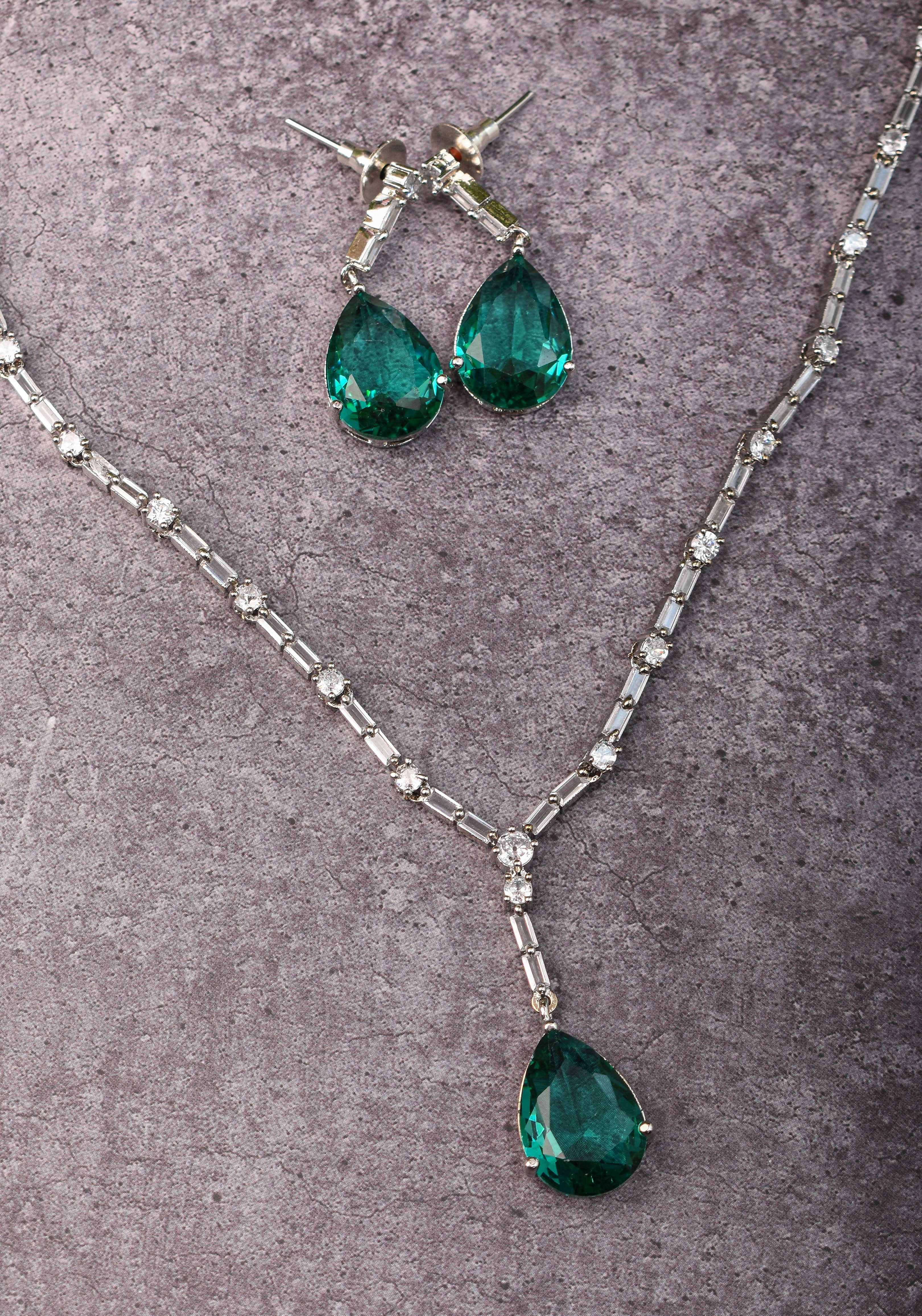Celebrity-Inspired Emerald green Emerald green CZ Stone Drop Necklace and Earring | Shobitam Jewelry