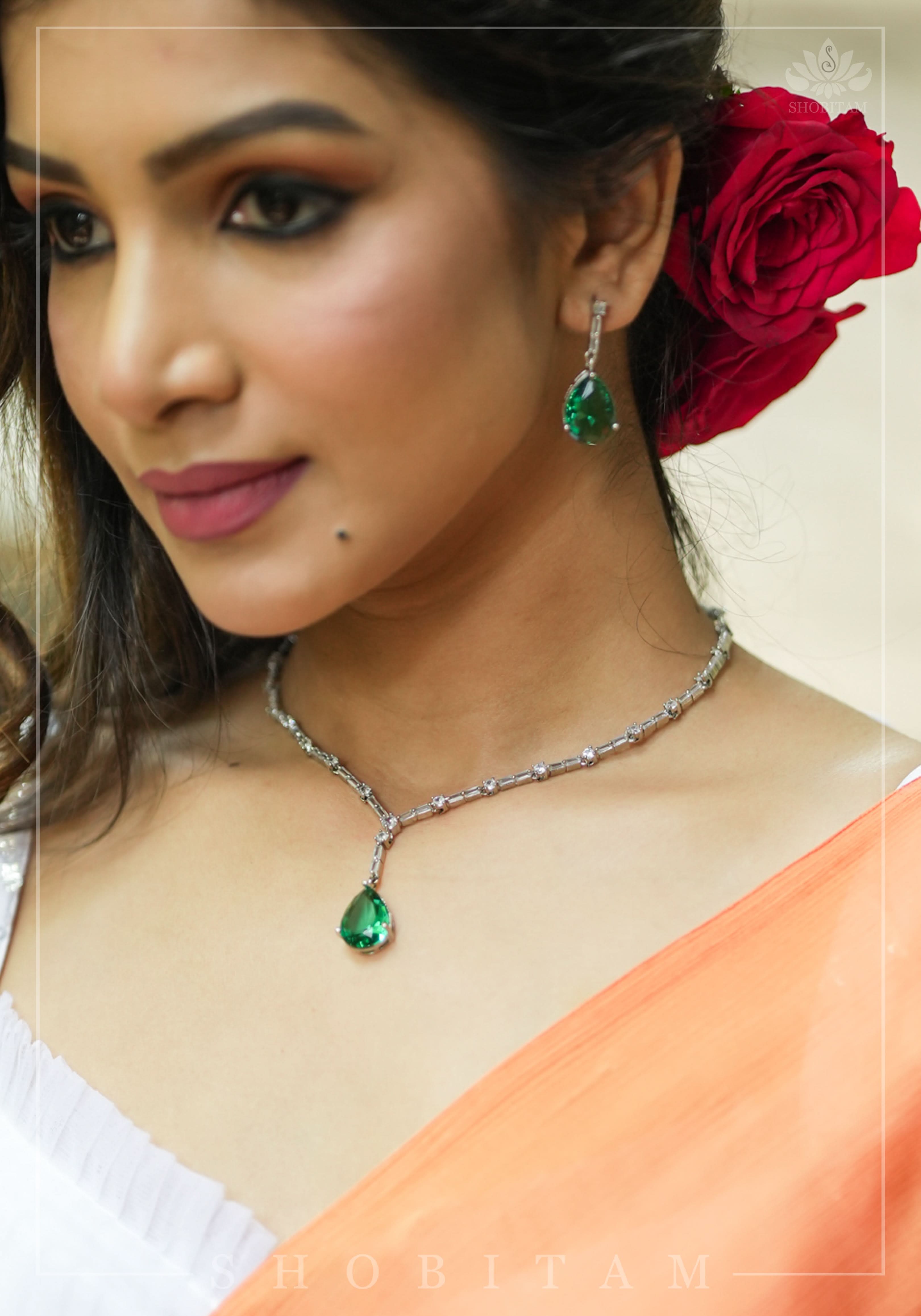 Celebrity-Inspired Emerald green Emerald green CZ Stone Drop Necklace and Earring | Shobitam Jewelry