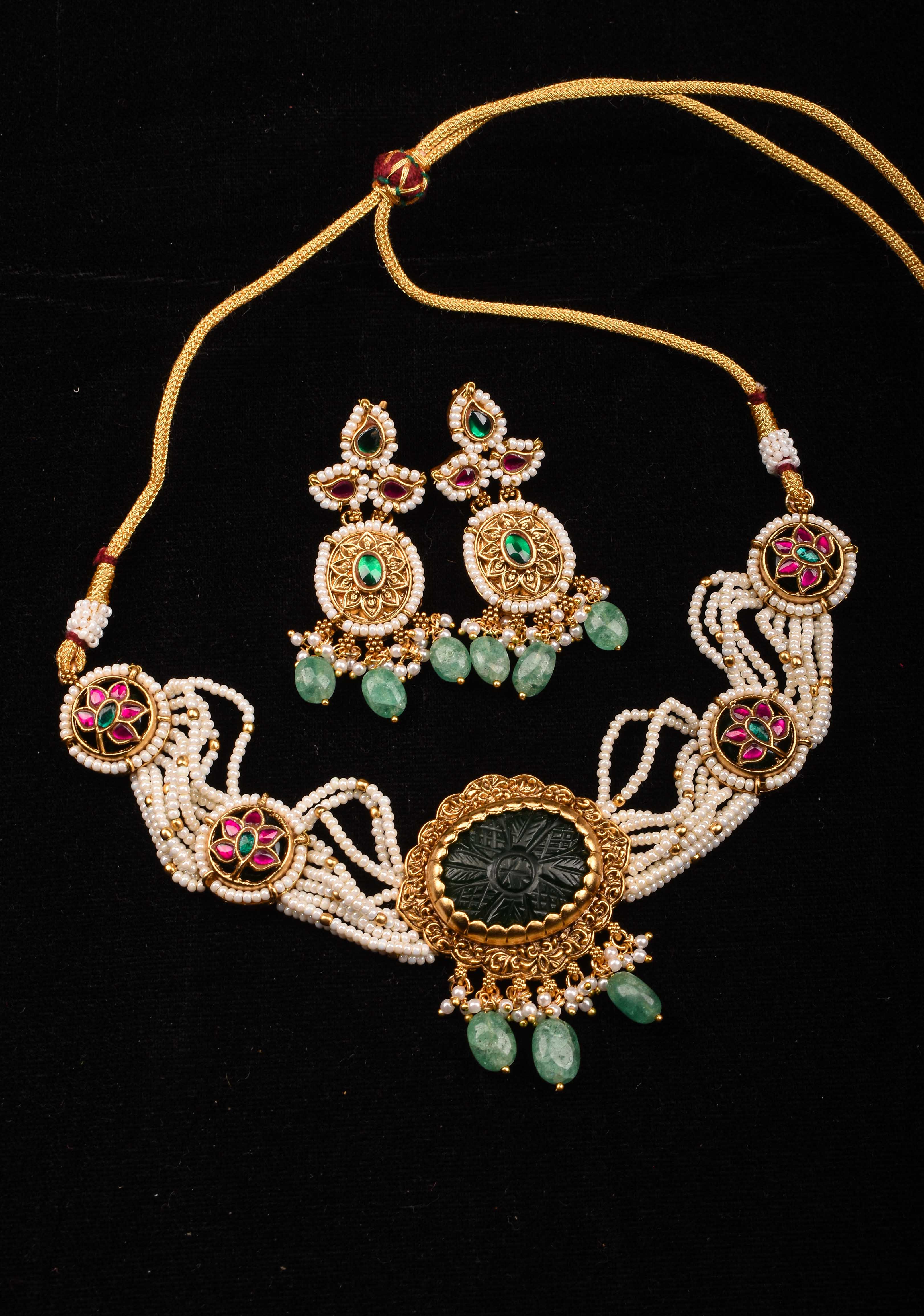 Antique Jadu Choker Set With Green Carved Stone | Shobitam Jewelry