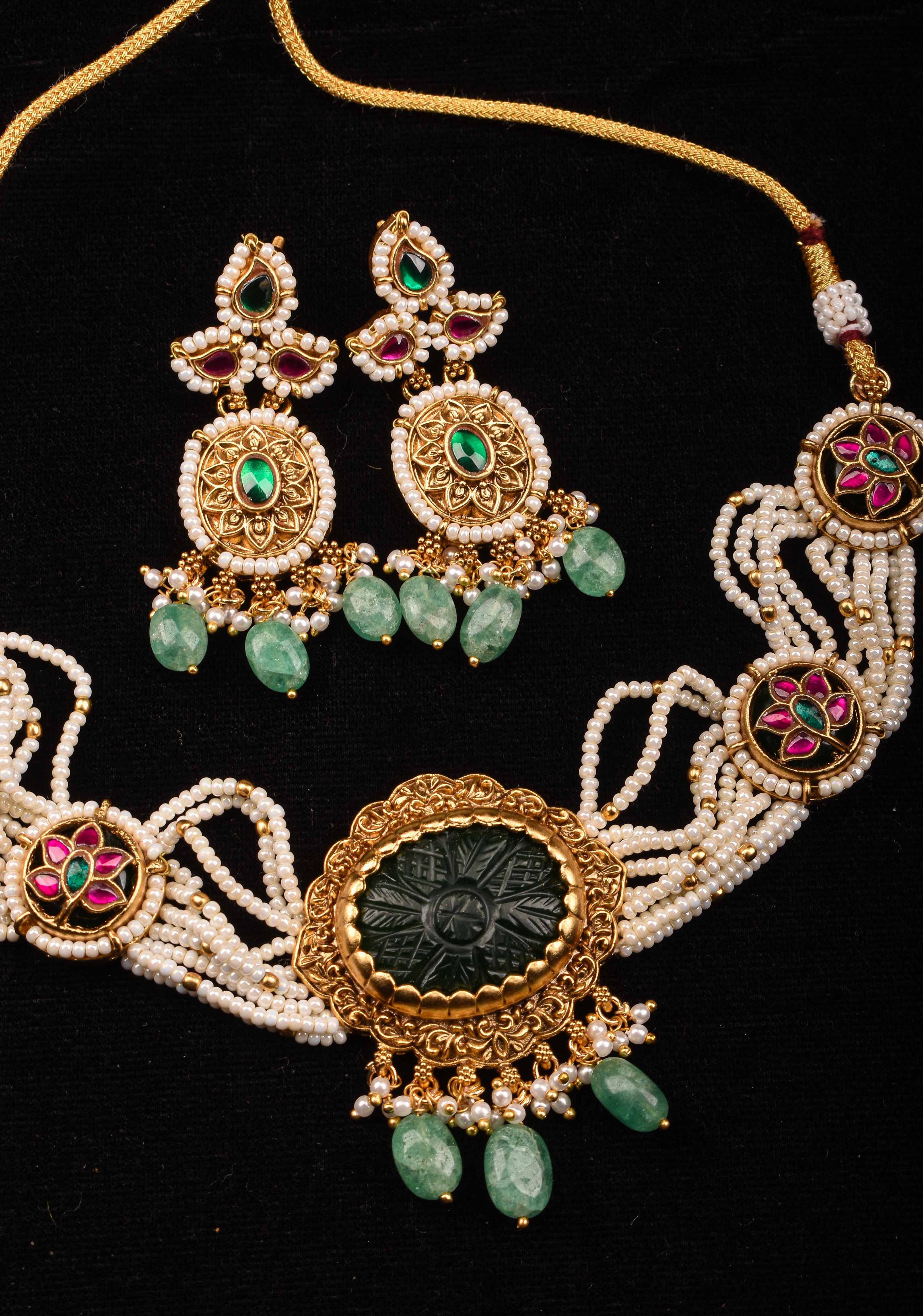 Antique Jadu Choker Set With Green Carved Stone | Shobitam Jewelry