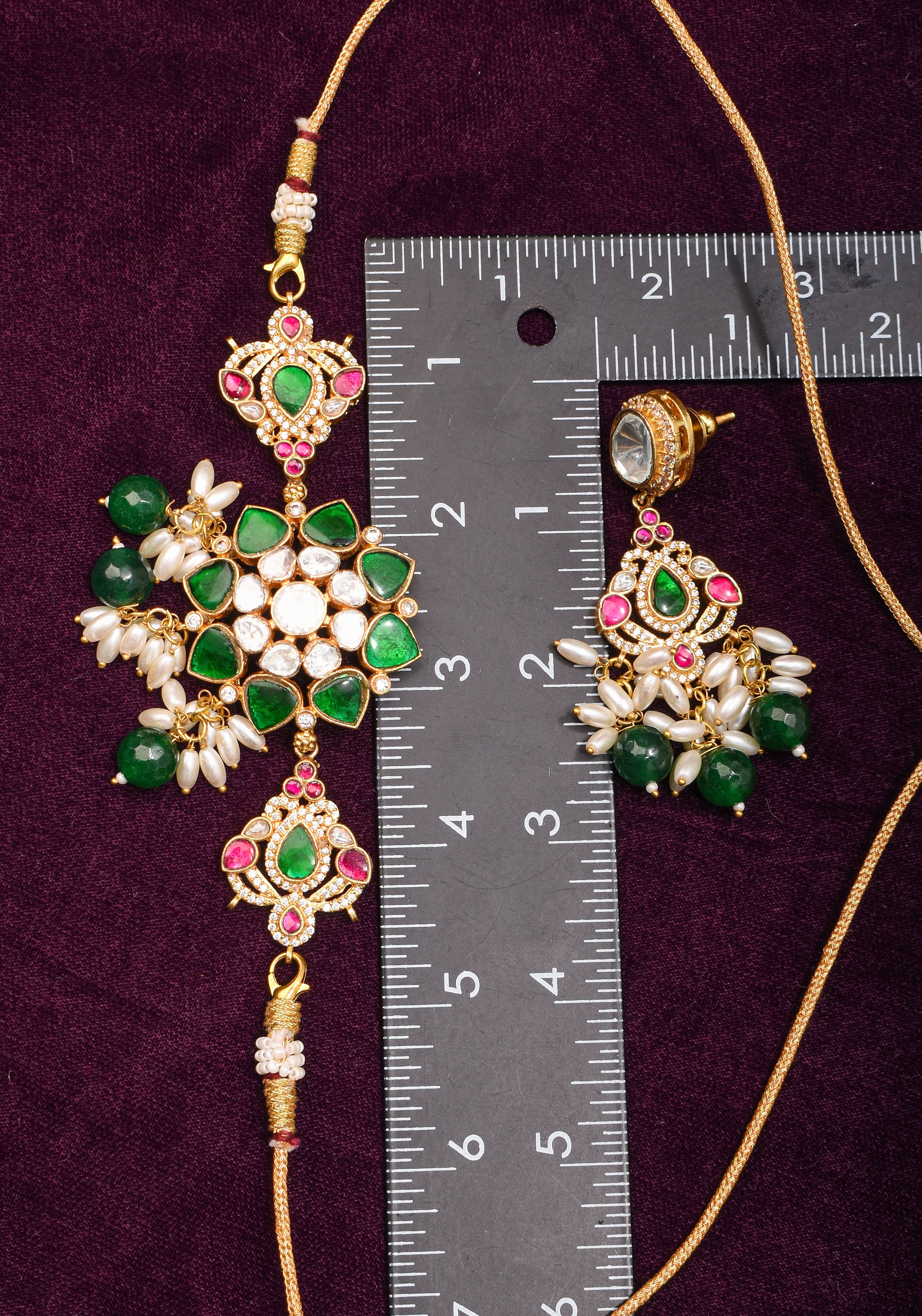 Pink And Green Stone Mini Choker and Chandelier earrings with rice pearls | Shobitam