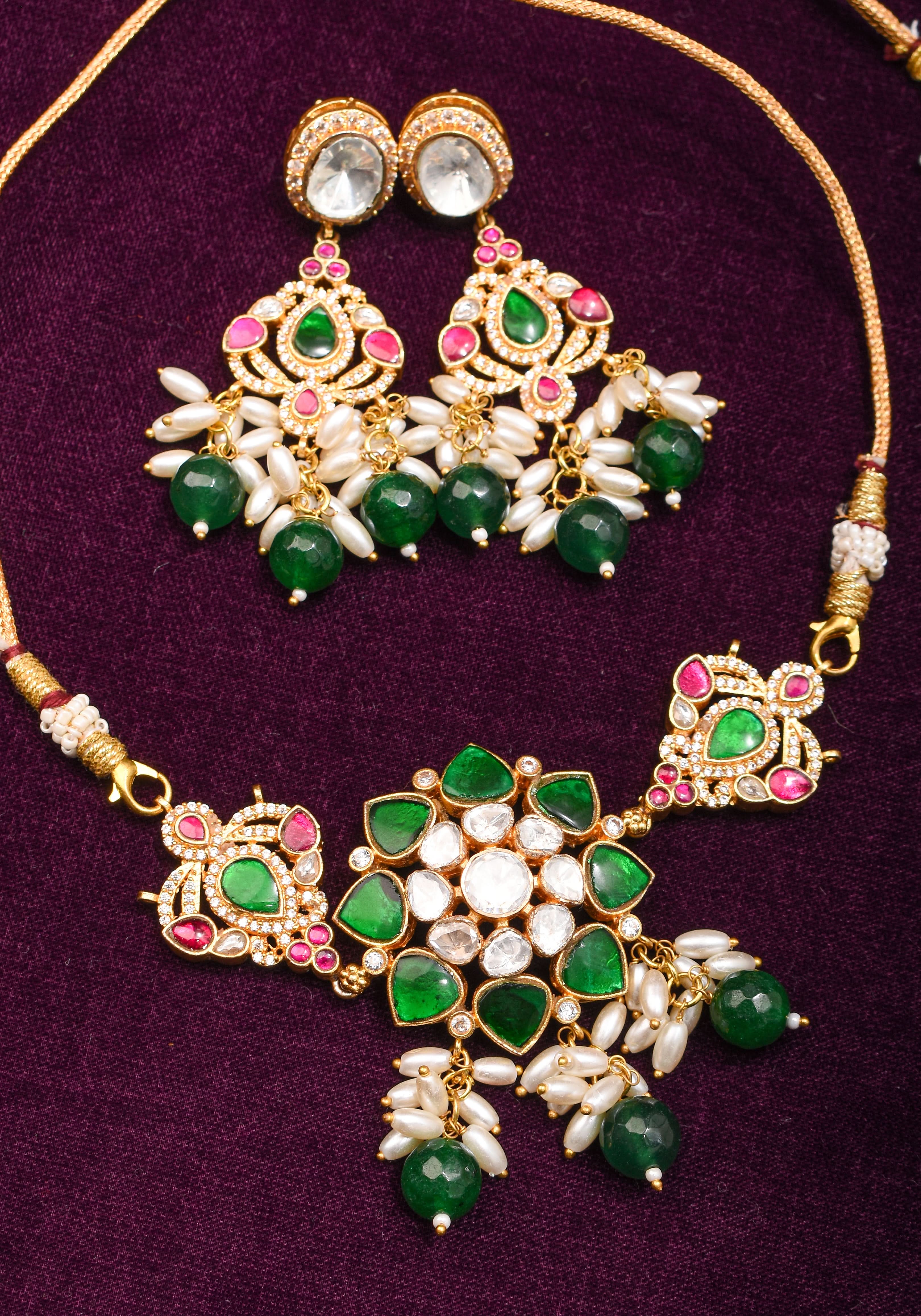 Pink And Green Stone Mini Choker and Chandelier earrings with rice pearls | Shobitam