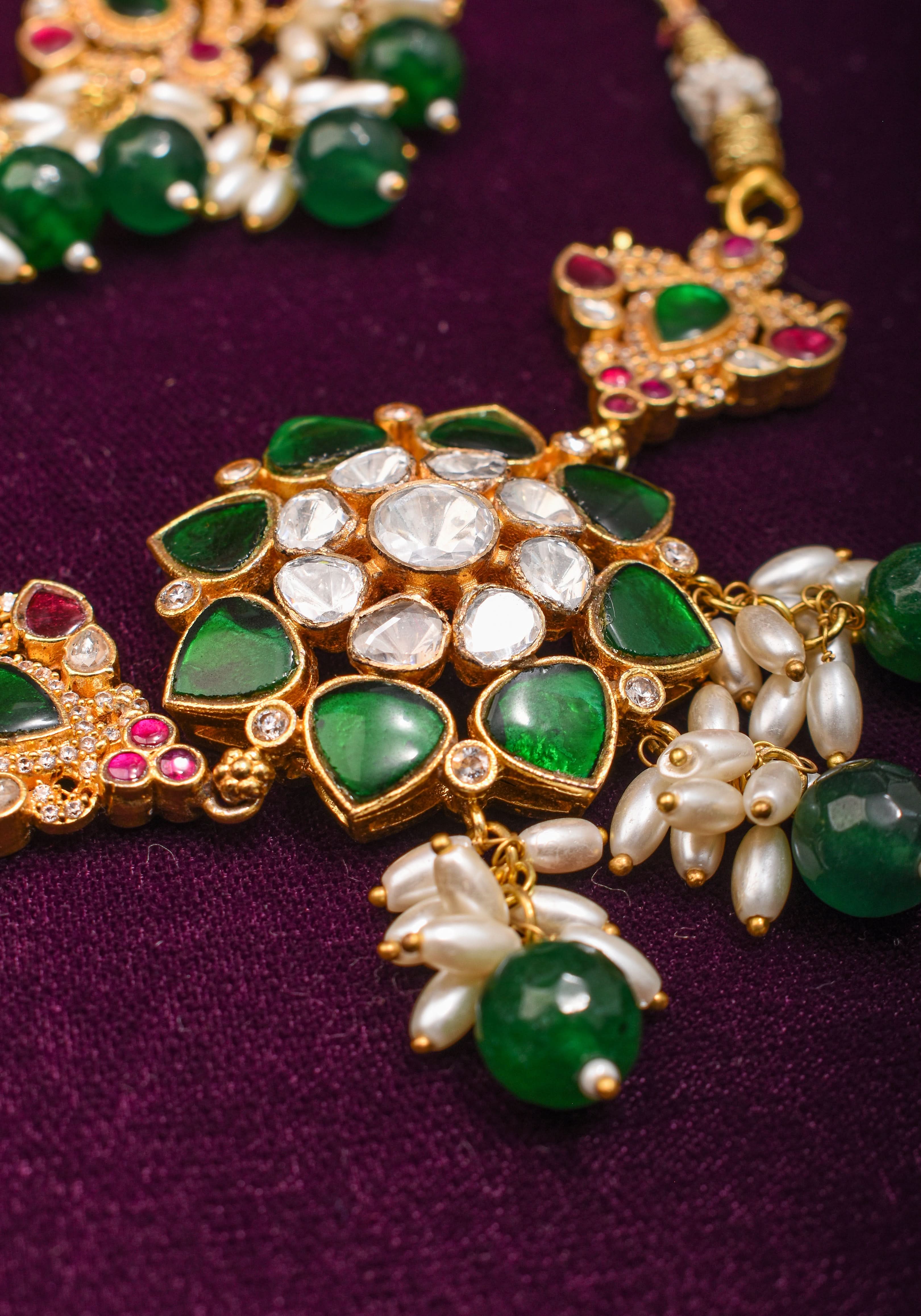 Pink And Green Stone Mini Choker and Chandelier earrings with rice pearls | Shobitam