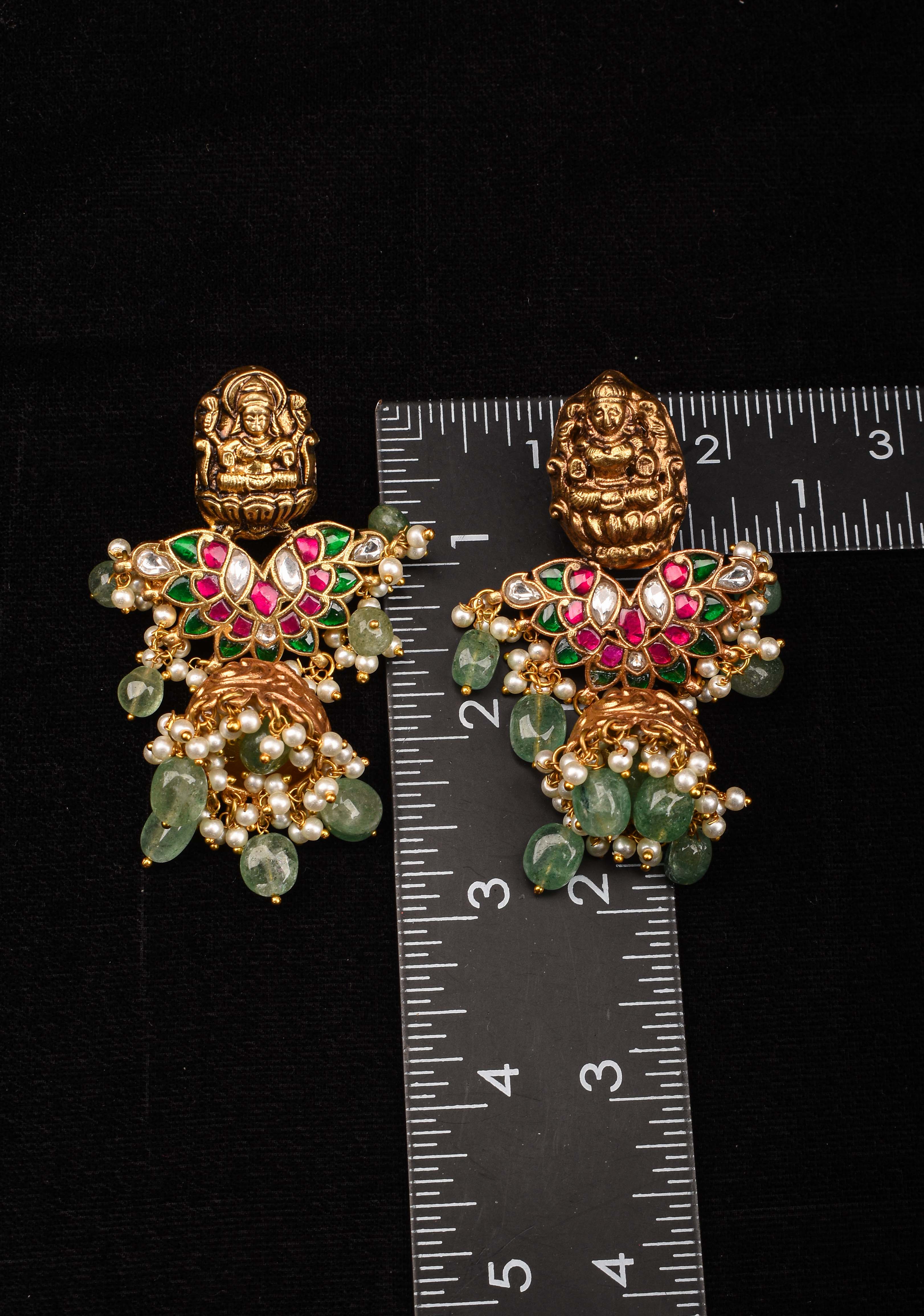 Celebrity Jadau Lakshmi Jhumkas with Dangling Beads | Shobitam Jewelry