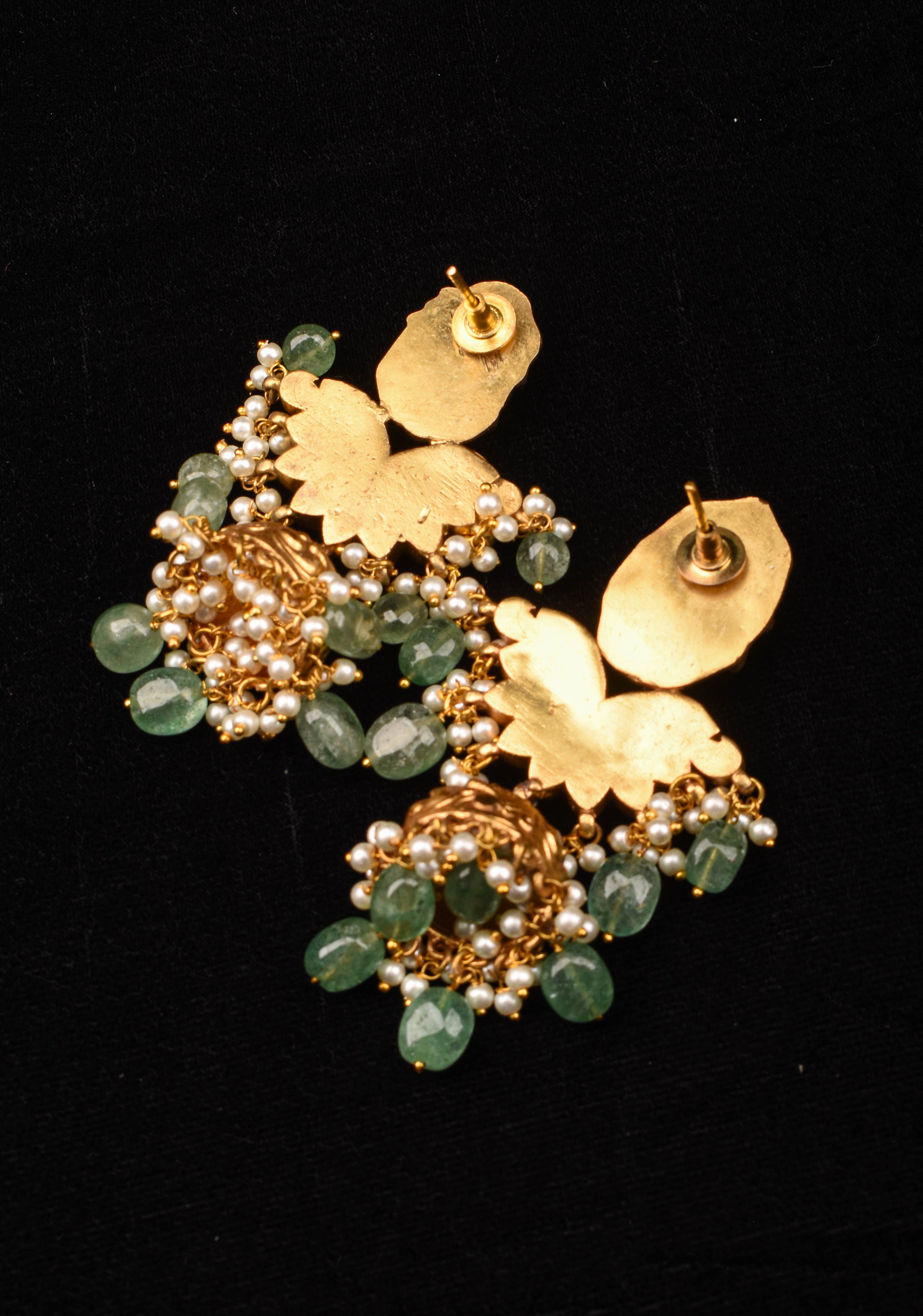 Celebrity Jadau Lakshmi Jhumkas with Dangling Beads | Shobitam Jewelry