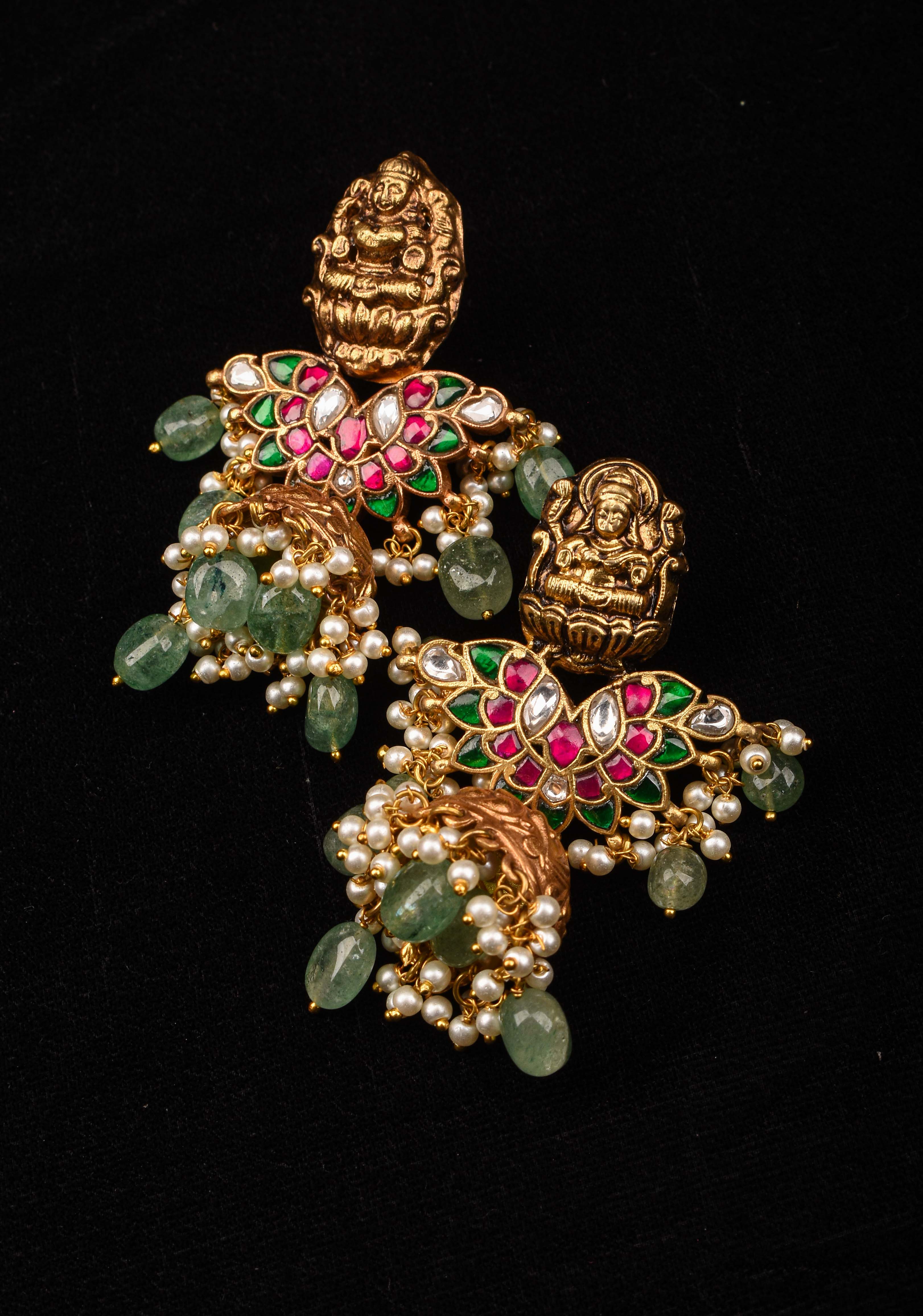 Celebrity Jadau Lakshmi Jhumkas with Dangling Beads | Shobitam Jewelry