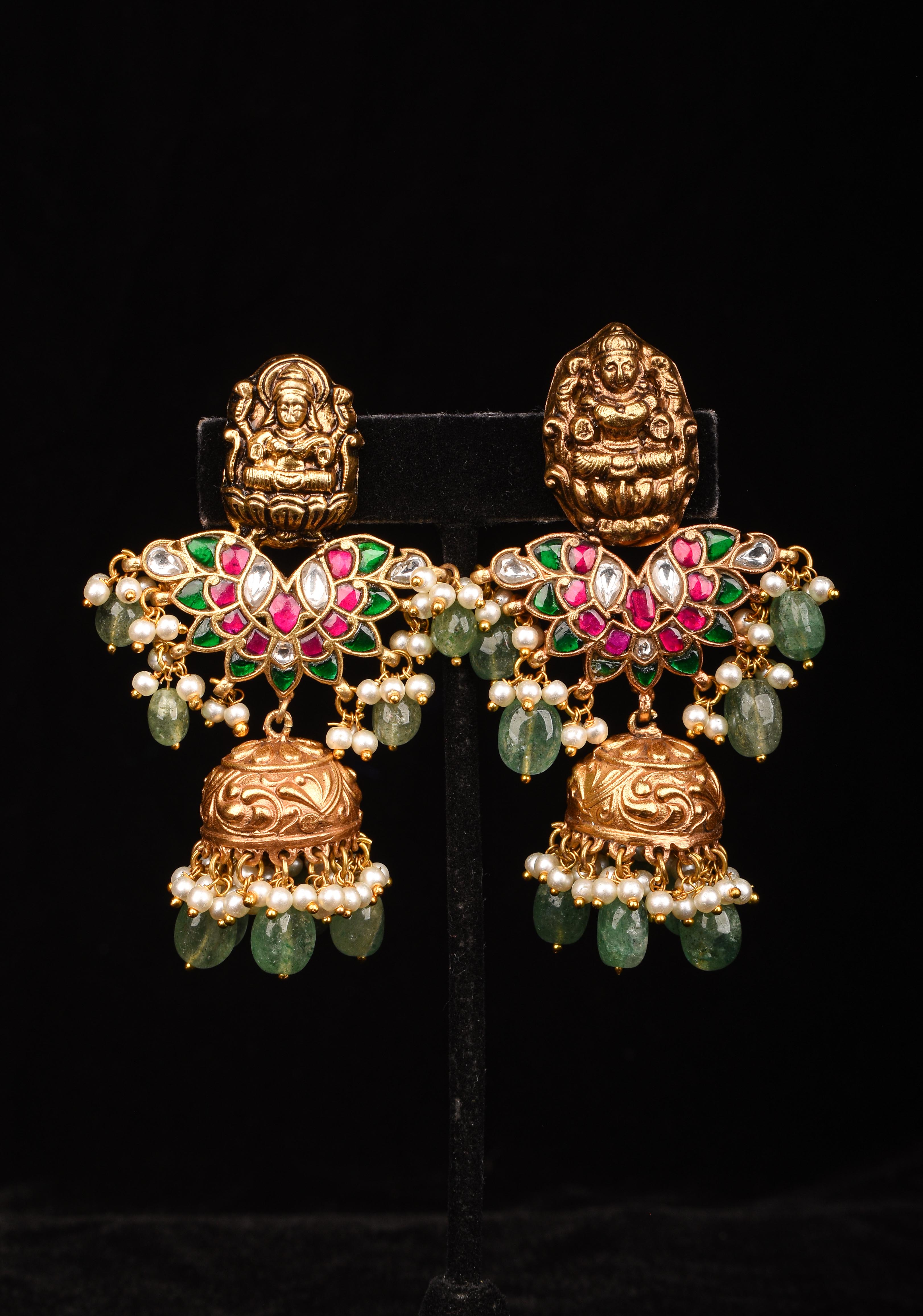 Celebrity Jadau Lakshmi Jhumkas with Dangling Beads | Shobitam Jewelry