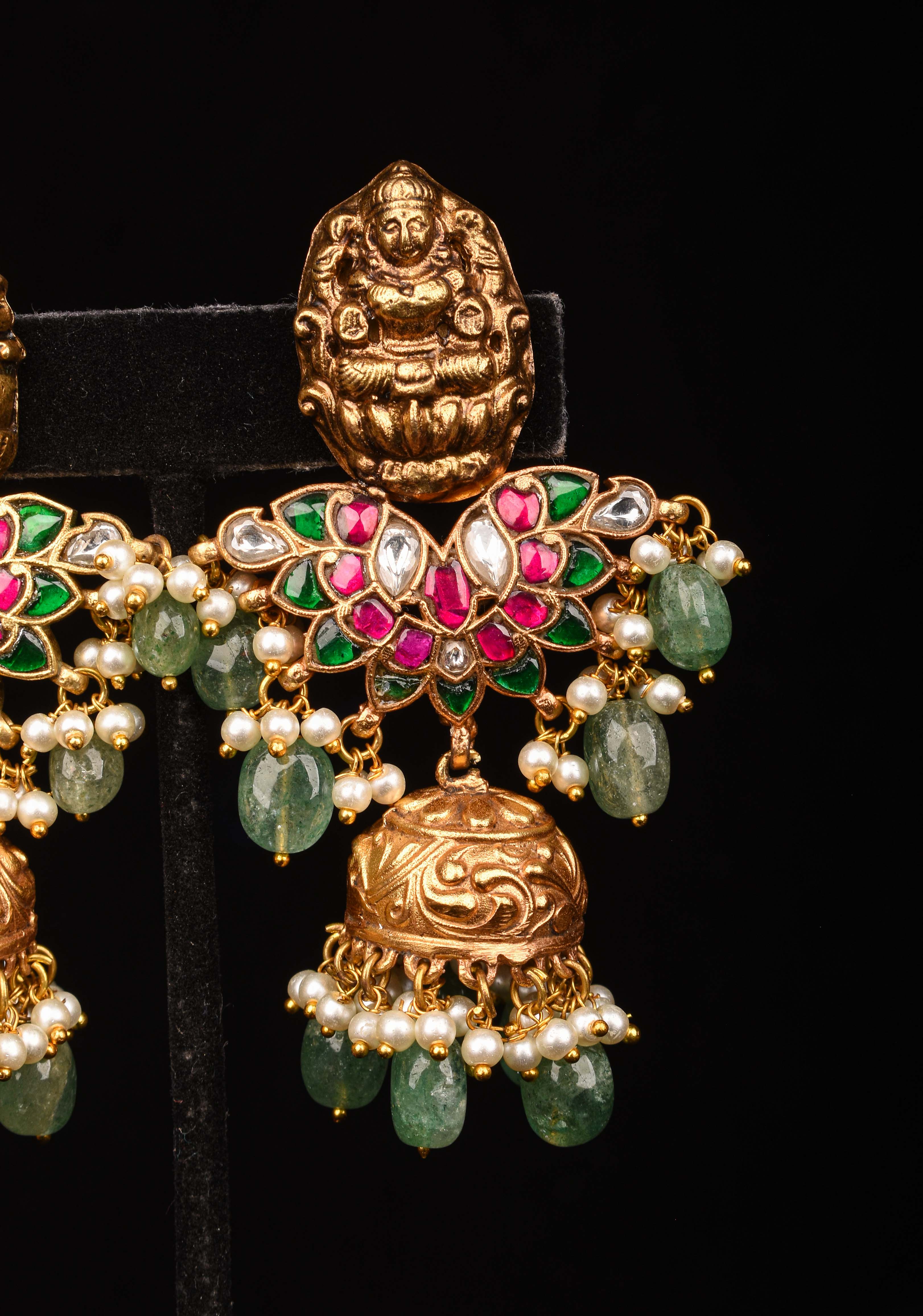 Celebrity Jadau Lakshmi Jhumkas with Dangling Beads | Shobitam Jewelry