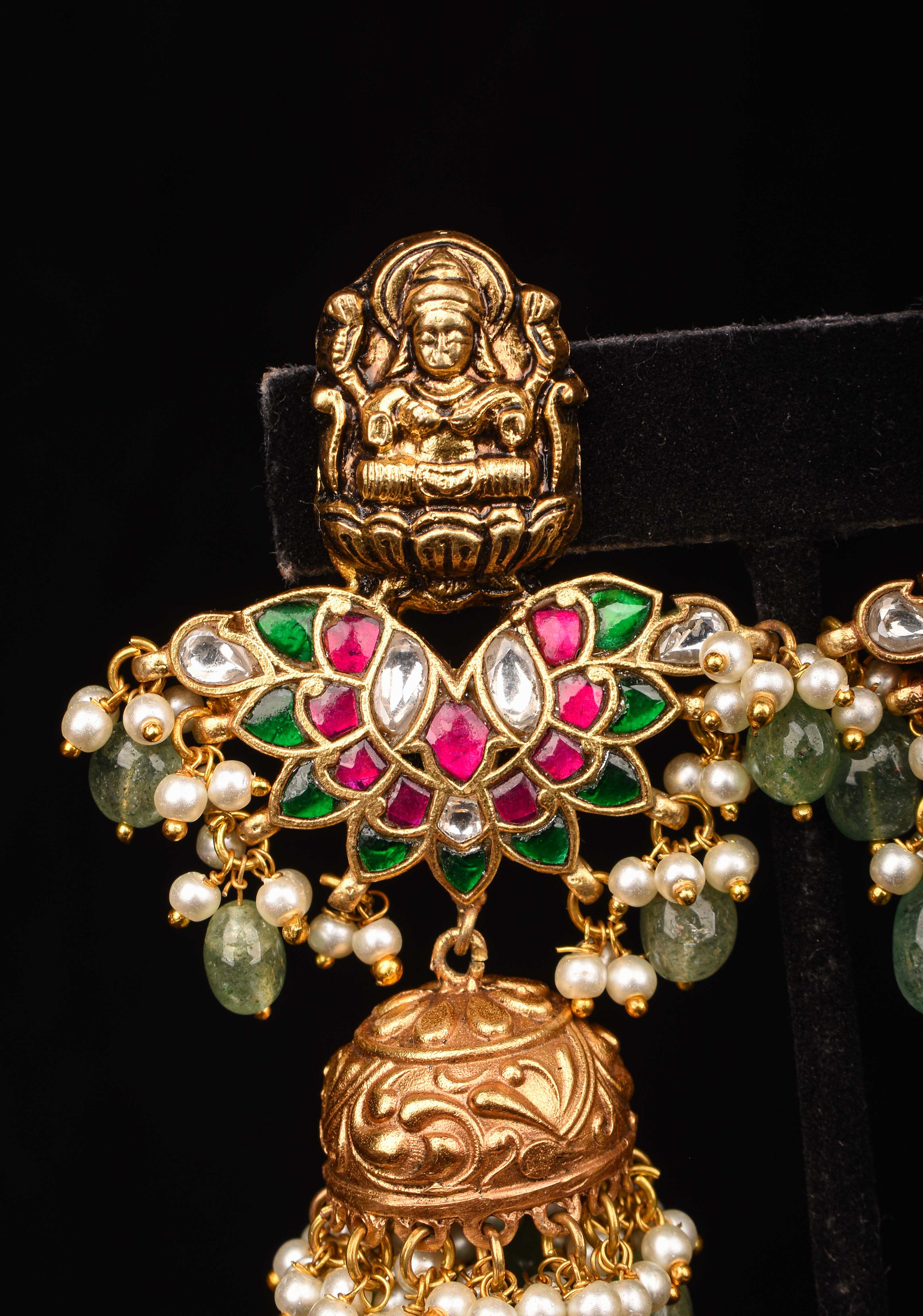 Celebrity Jadau Lakshmi Jhumkas with Dangling Beads | Shobitam Jewelry