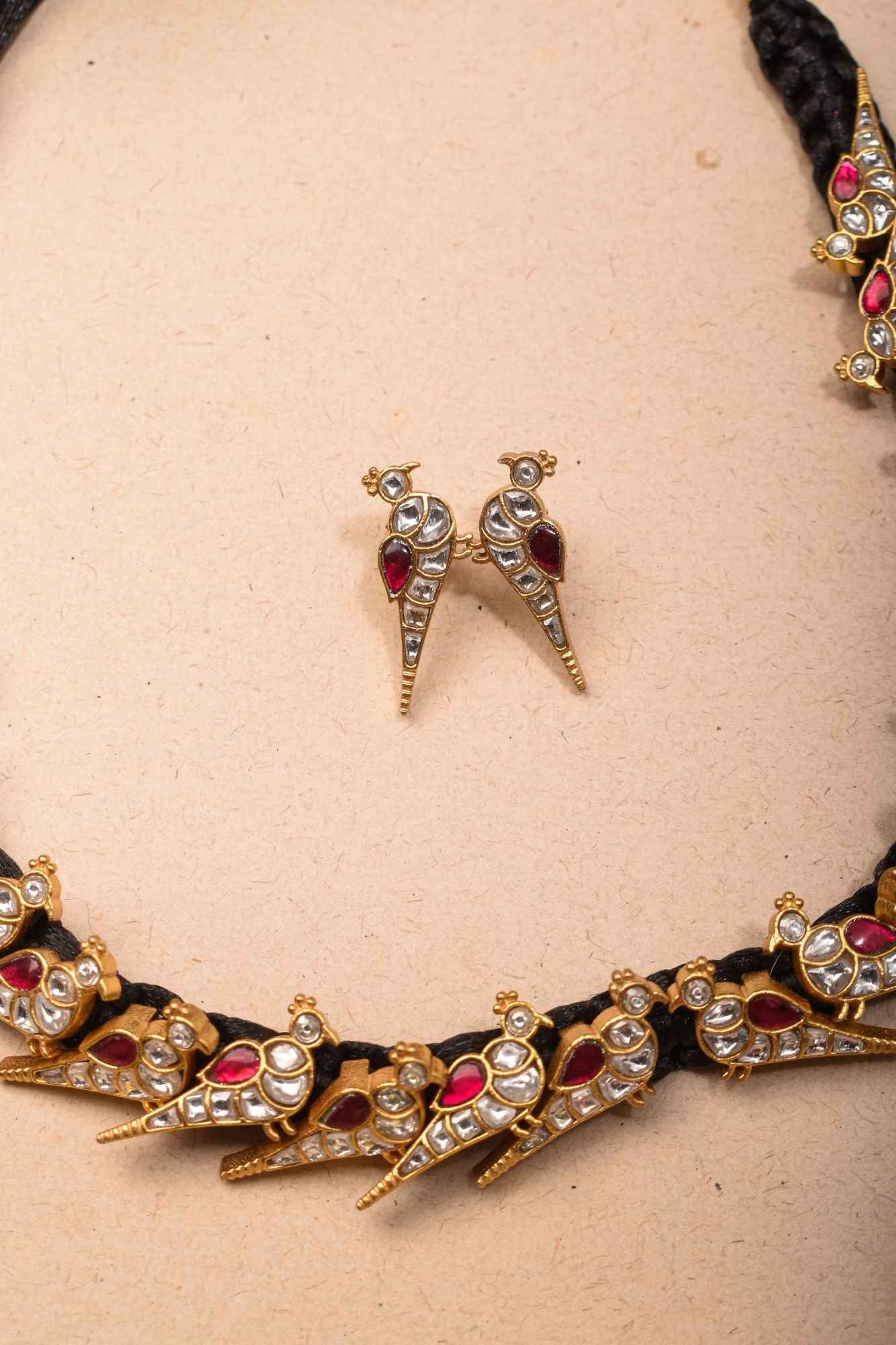 Peacock Choker Set With Kundan Stone in Black Thread And Matching Earrings