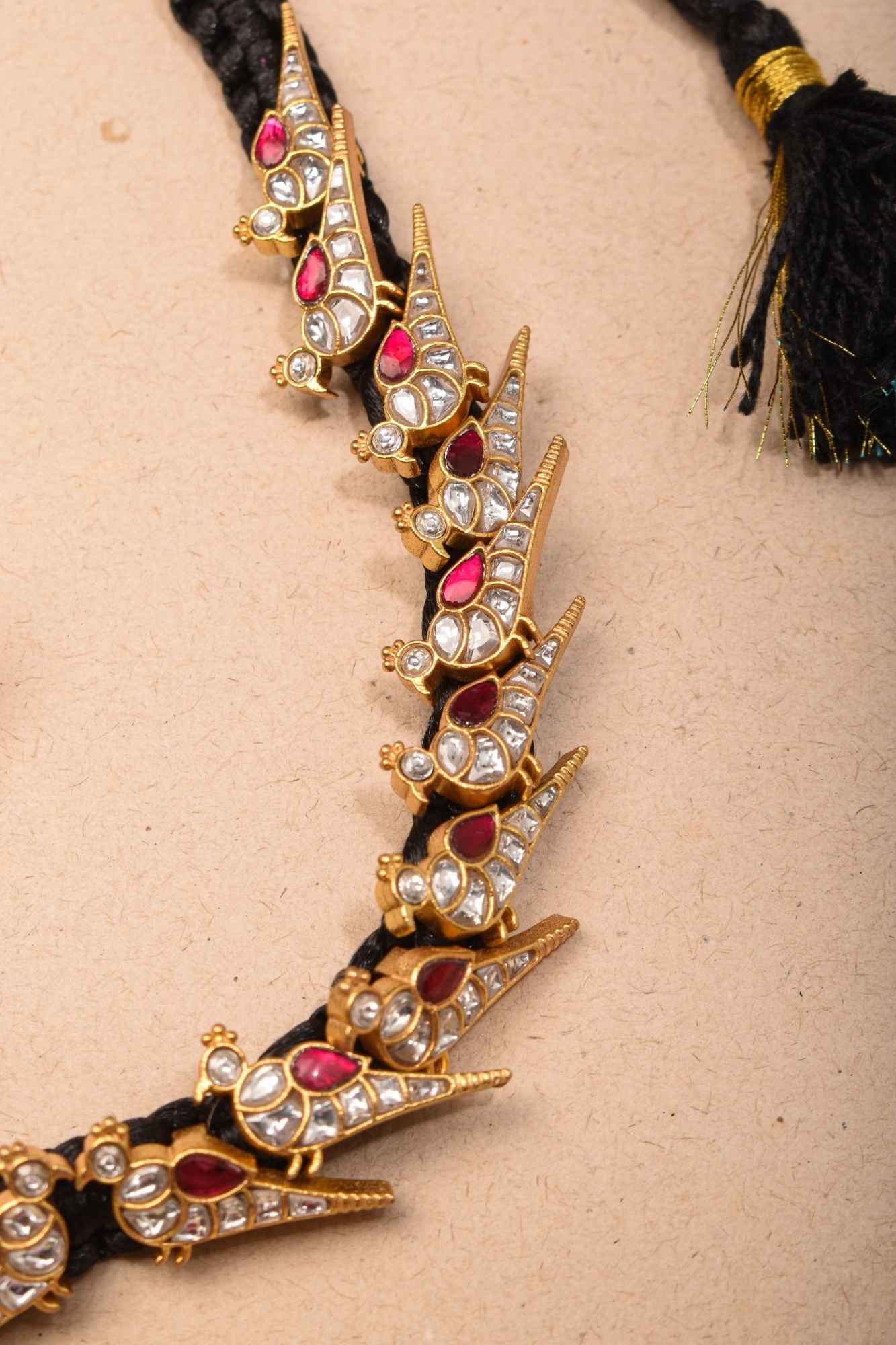 Peacock Choker Set With Kundan Stone in Black Thread And Matching Earrings