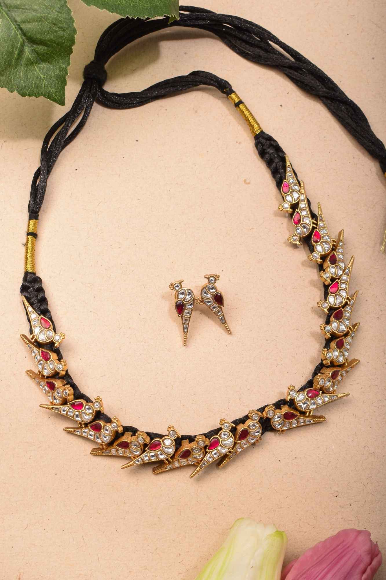 Peacock Choker Set With Kundan Stone in Black Thread And Matching Earrings
