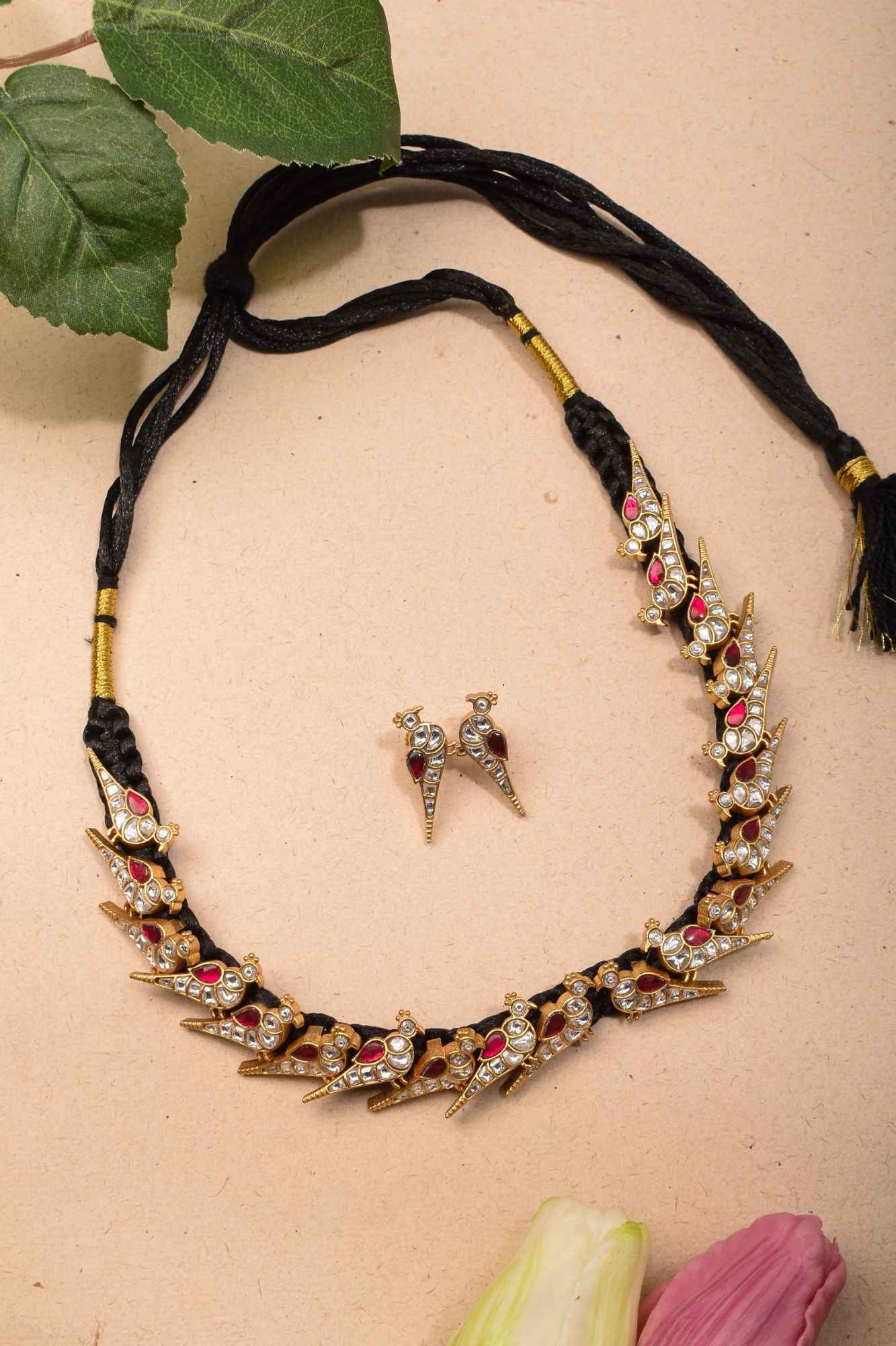 Peacock Choker Set With Kundan Stone in Black Thread And Matching Earrings