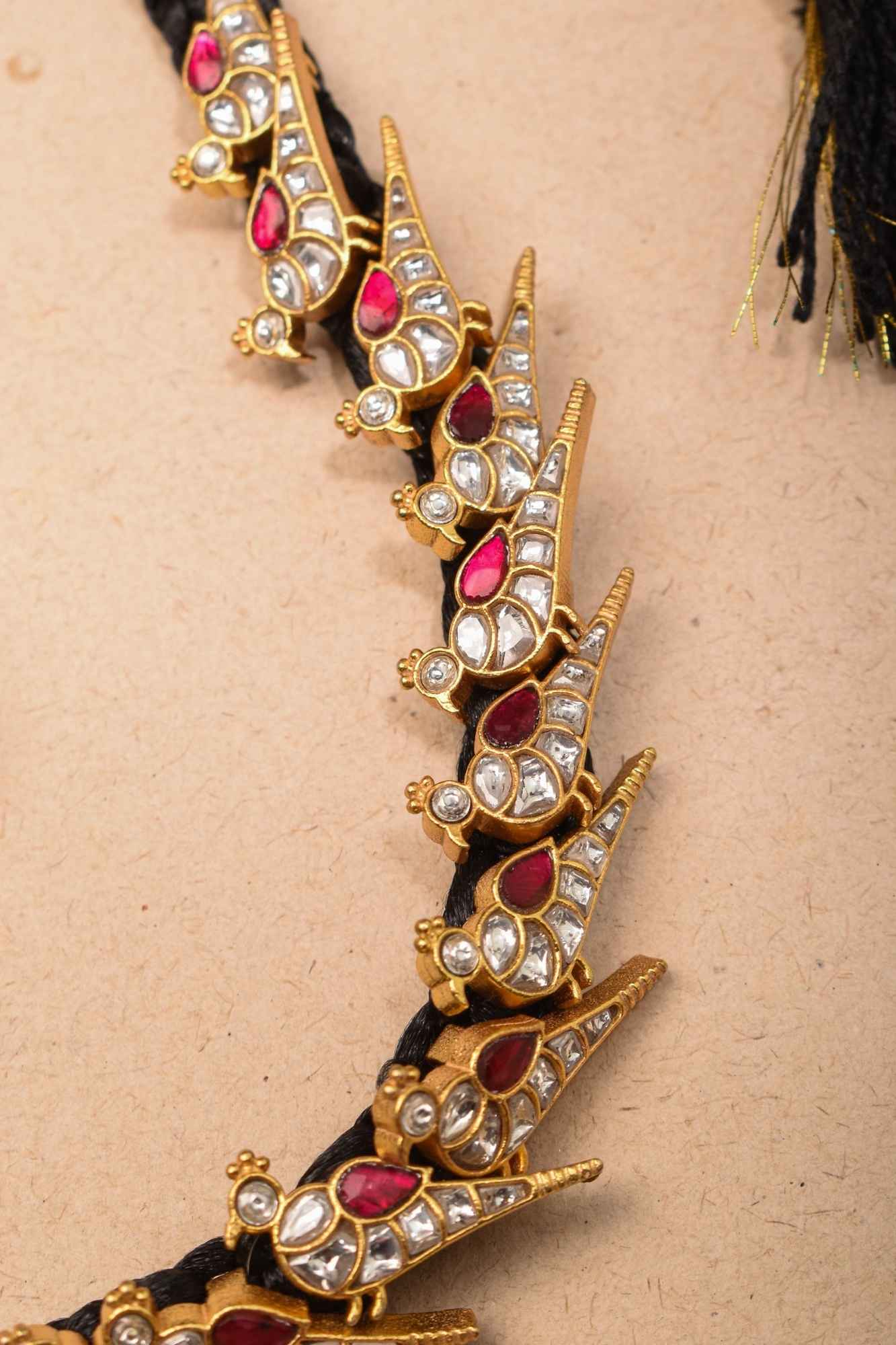 Peacock Choker Set With Kundan Stone in Black Thread And Matching Earrings