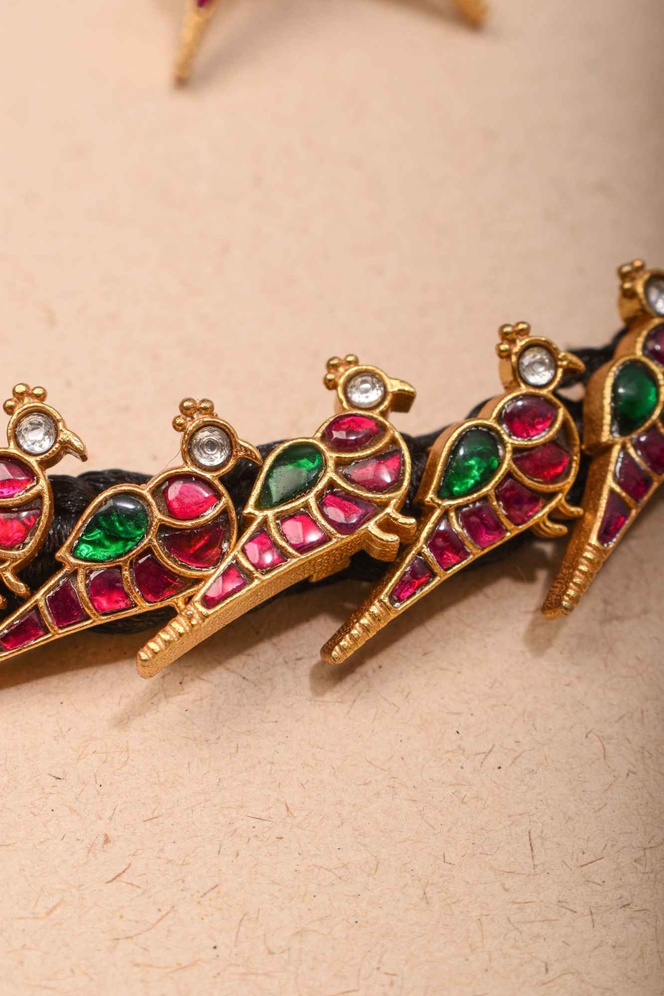 Peacock Choker Set With Kundan Stone in Black Thread And Matching Earrings