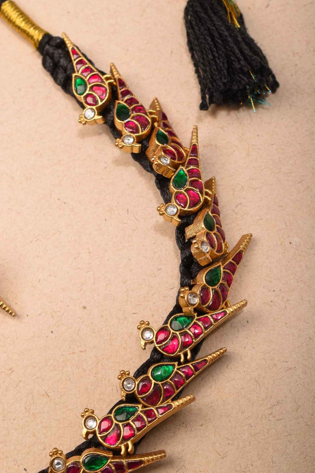 Peacock Choker Set With Kundan Stone in Black Thread And Matching Earrings