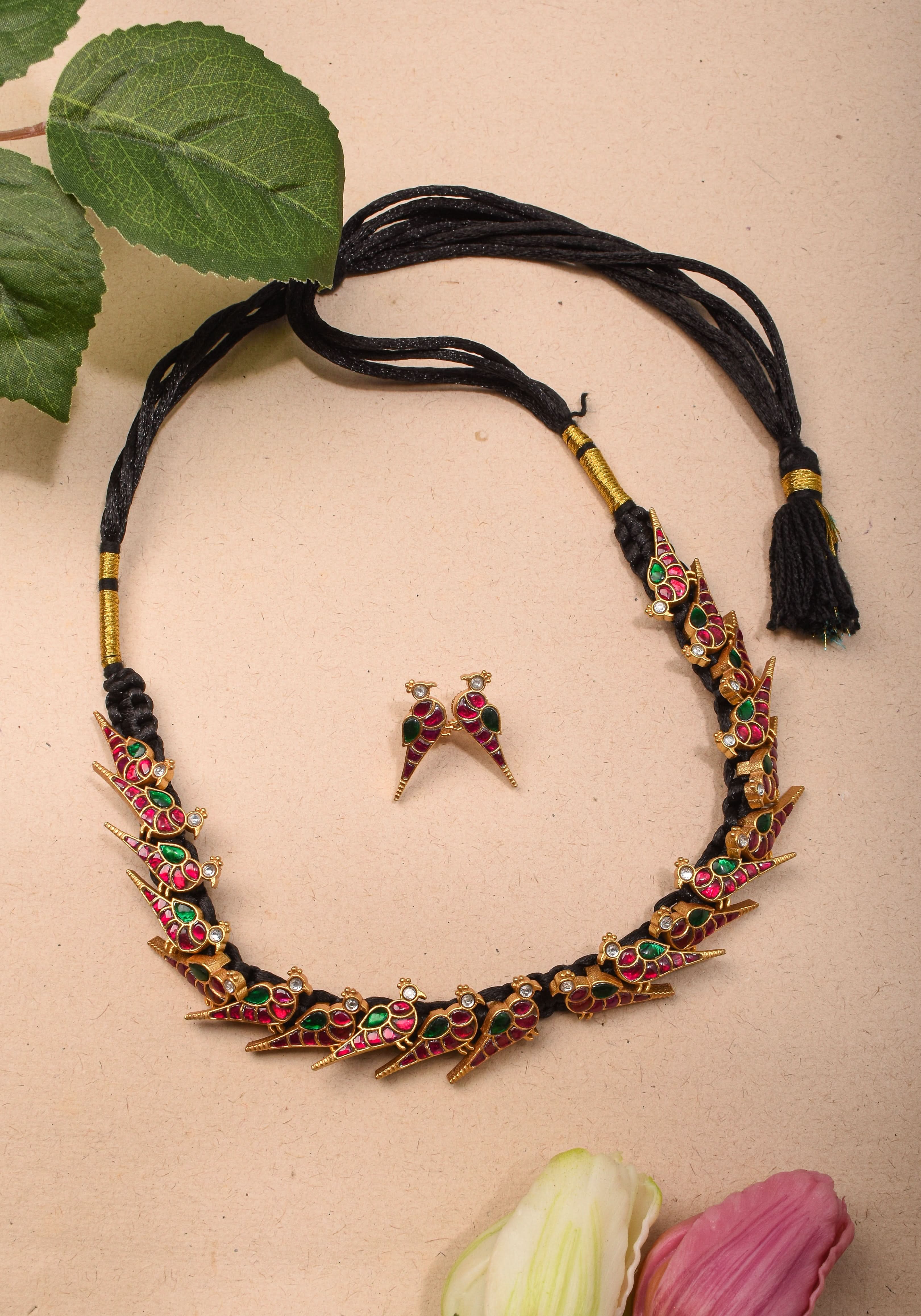 Peacock Choker Set With Kundan Stone in Black Thread And Matching Earrings | SHOBITAM