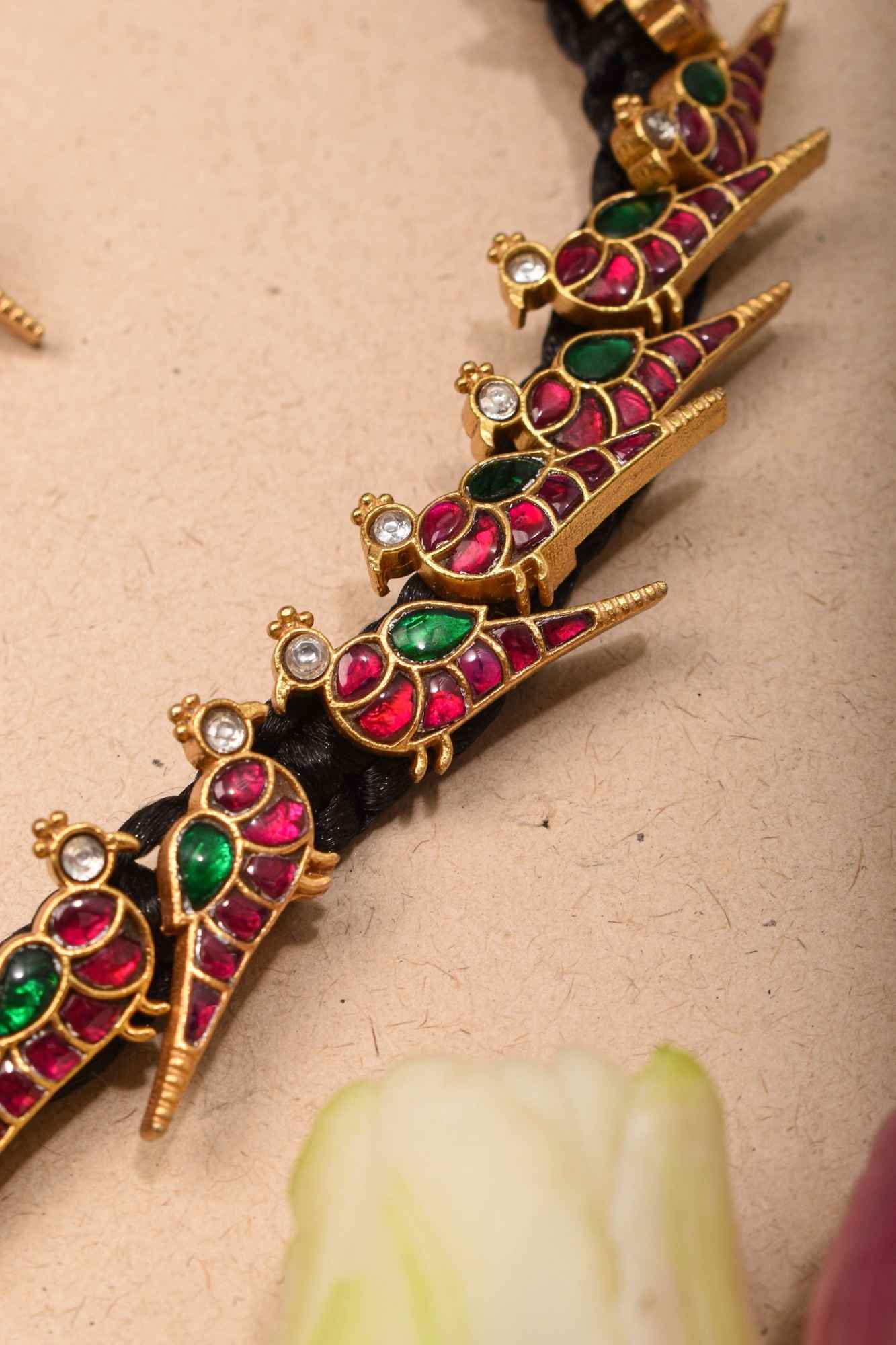 Peacock Choker Set With Kundan Stone in Black Thread And Matching Earrings