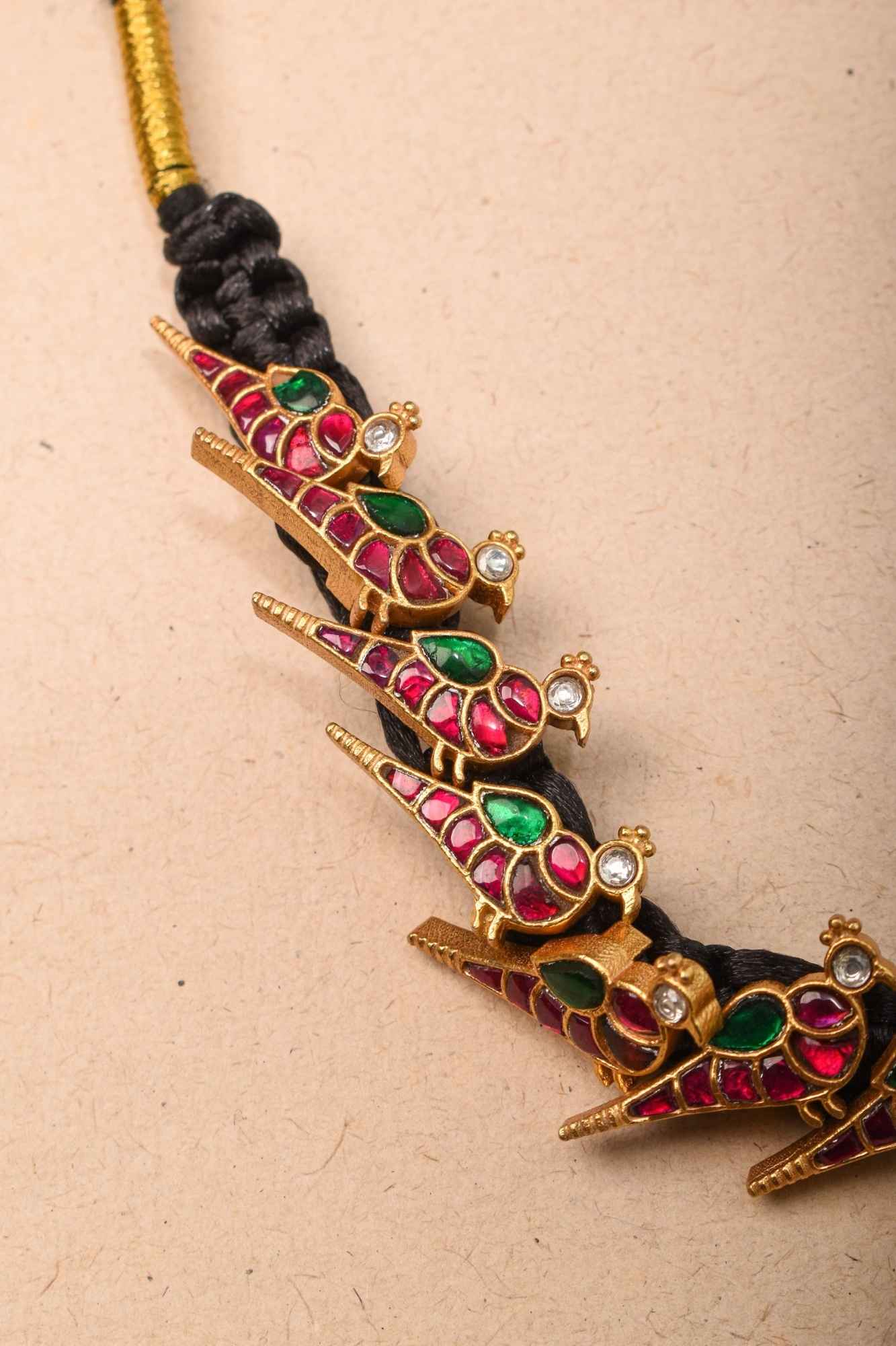 Peacock Choker Set With Kundan Stone in Black Thread And Matching Earrings