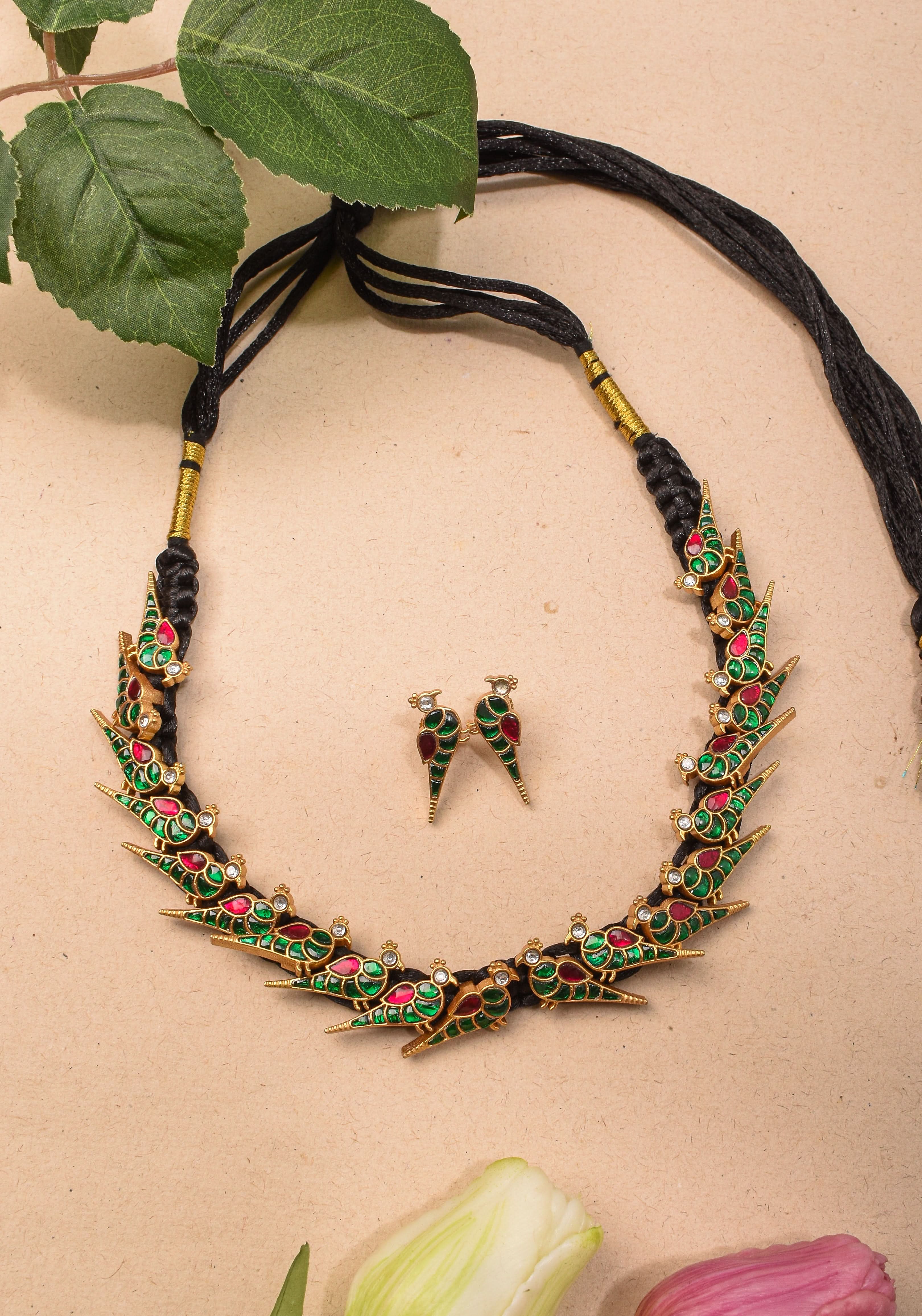 Peacock Choker Set With Kundan Stone in Black Thread And Matching Earrings | Shobitam