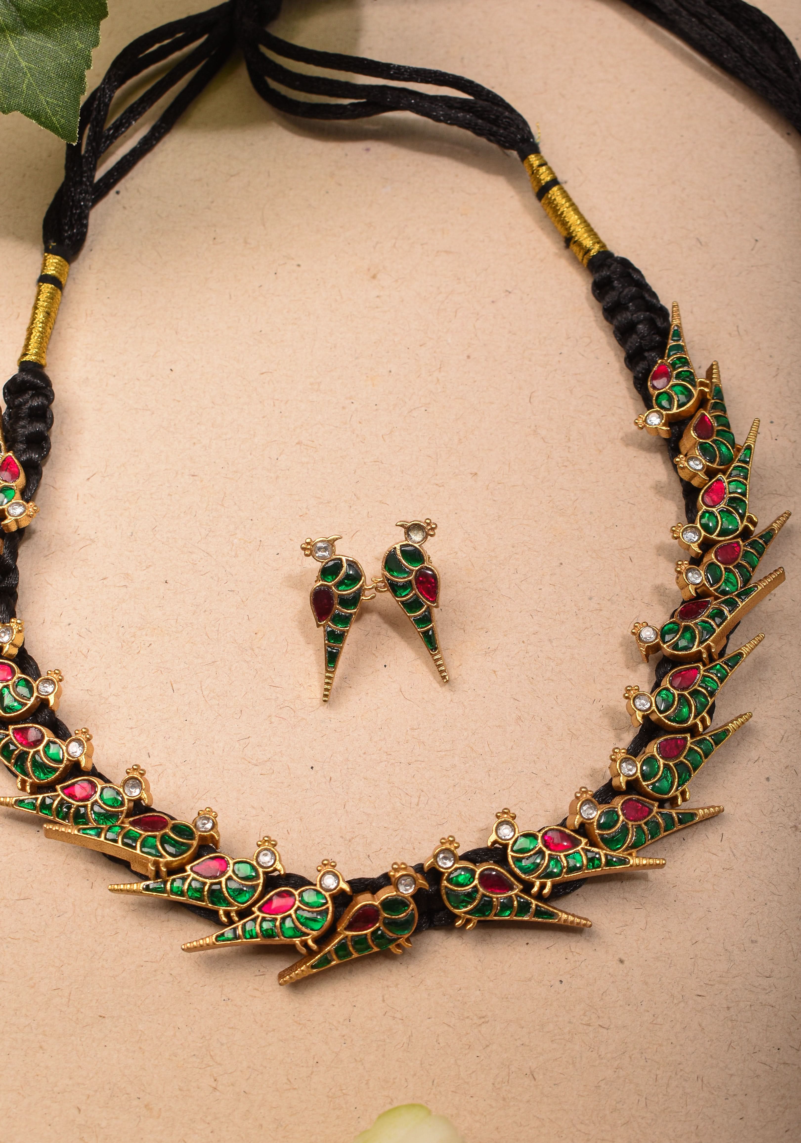 Peacock Choker Set With Kundan Stone in Black Thread And Matching Earrings | Shobitam