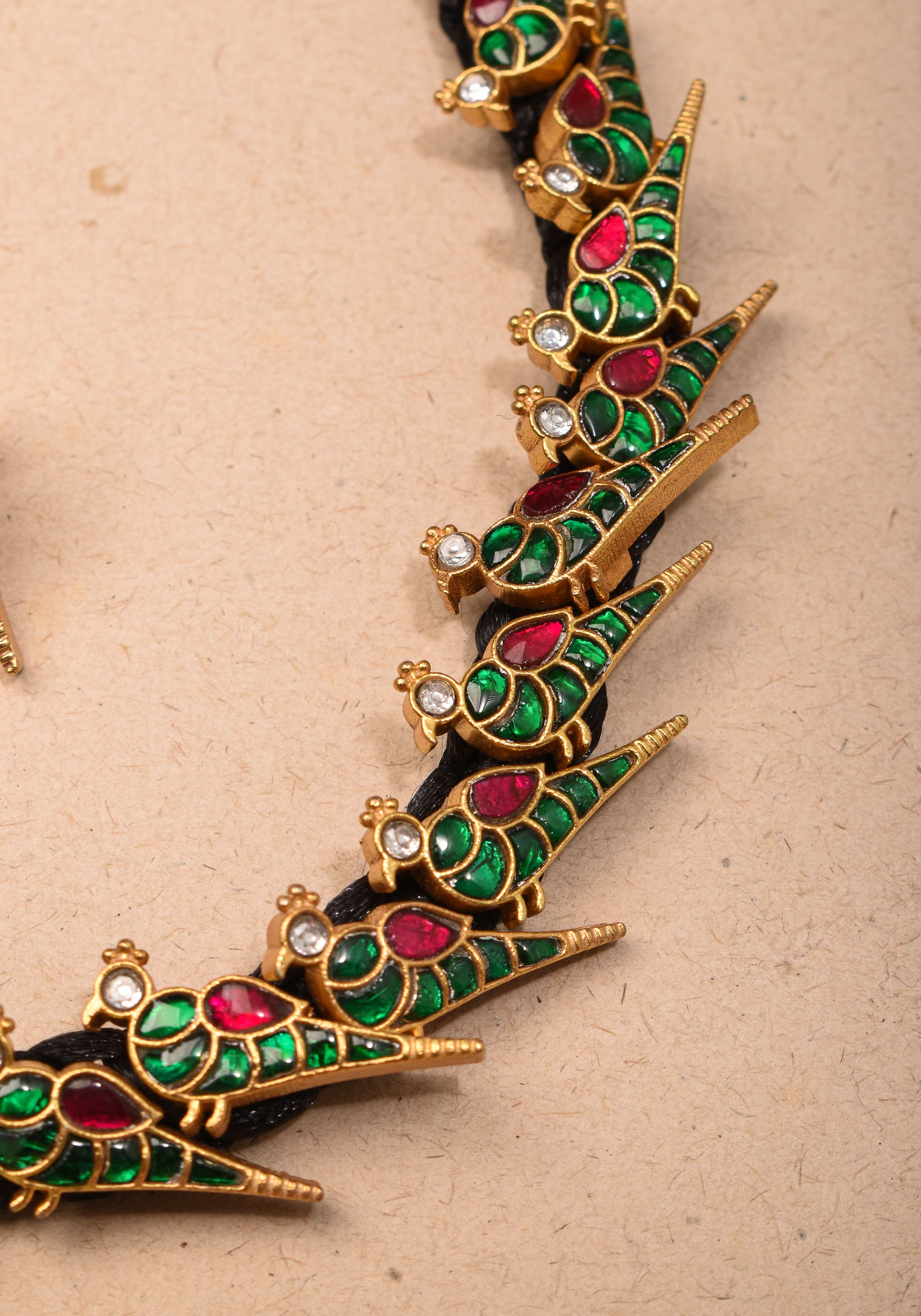Peacock Choker Set With Kundan Stone in Black Thread And Matching Earrings | Shobitam