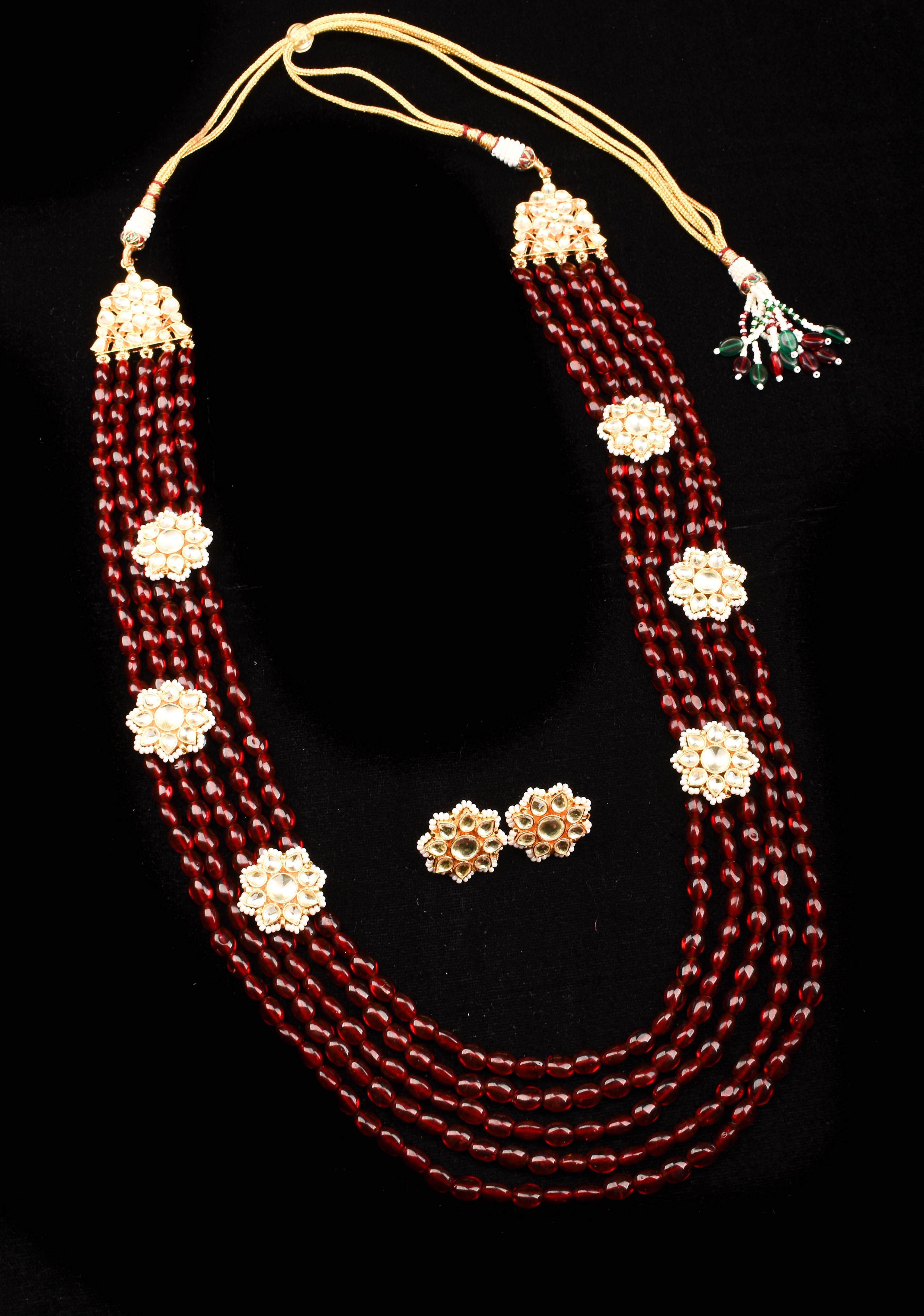 Multistrand beads Ahmedabadi Jadau kundan Long Necklace set | SHOBITAM