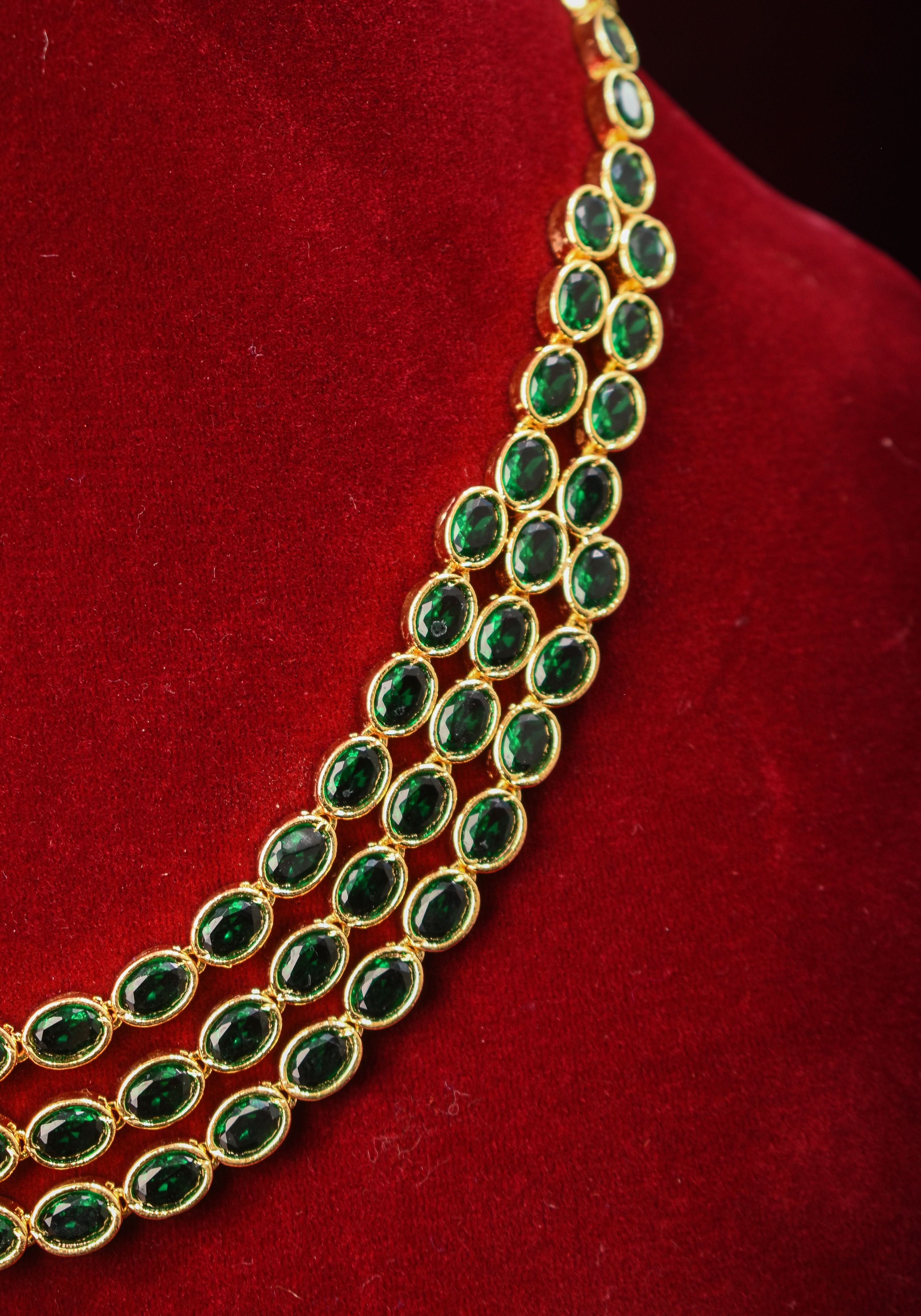 Green Stone Necklace with 3 strands of oval stones and matching earrings | SHOBITAM