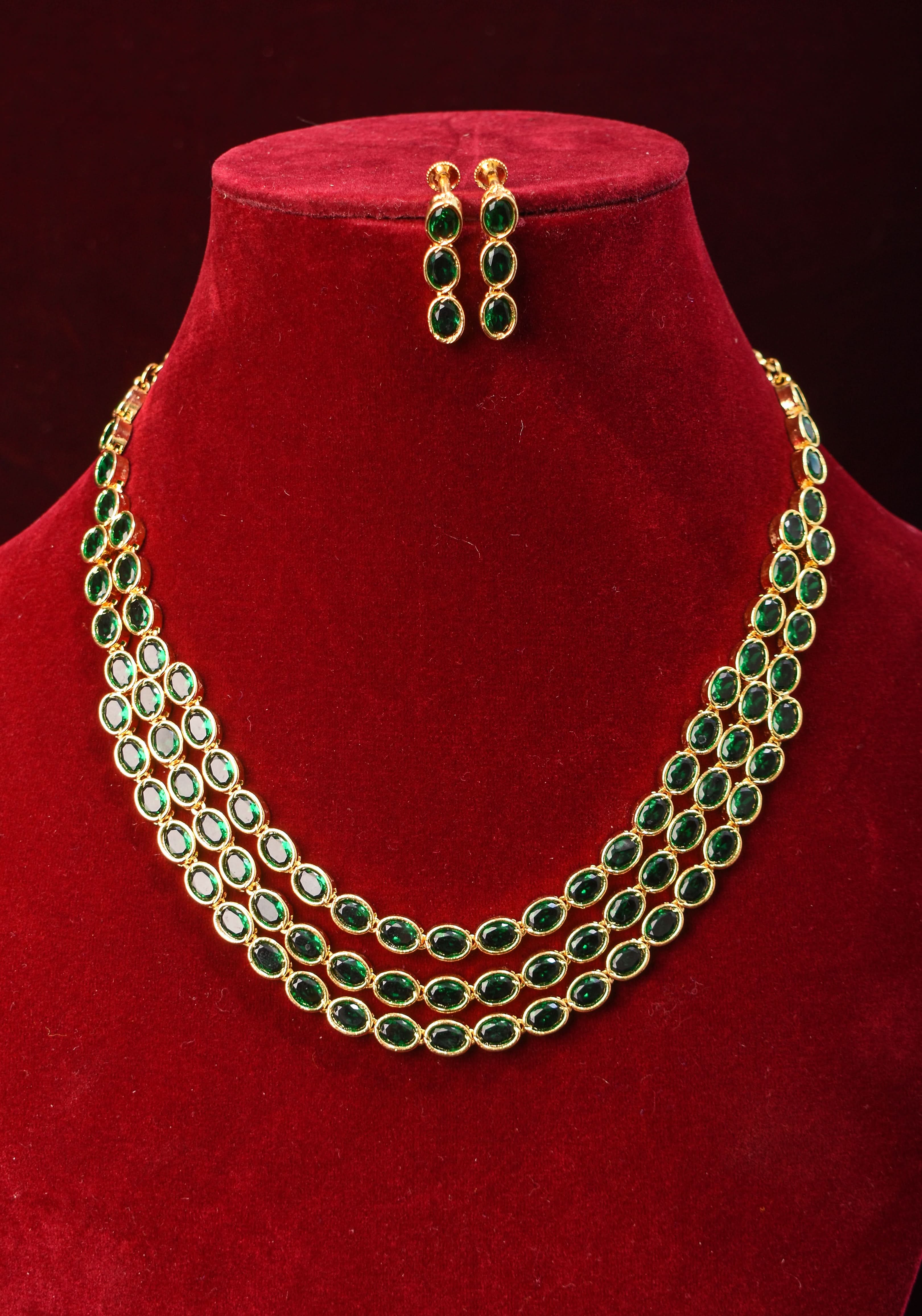 Green Stone Necklace with 3 strands of oval stones and matching earrings | SHOBITAM